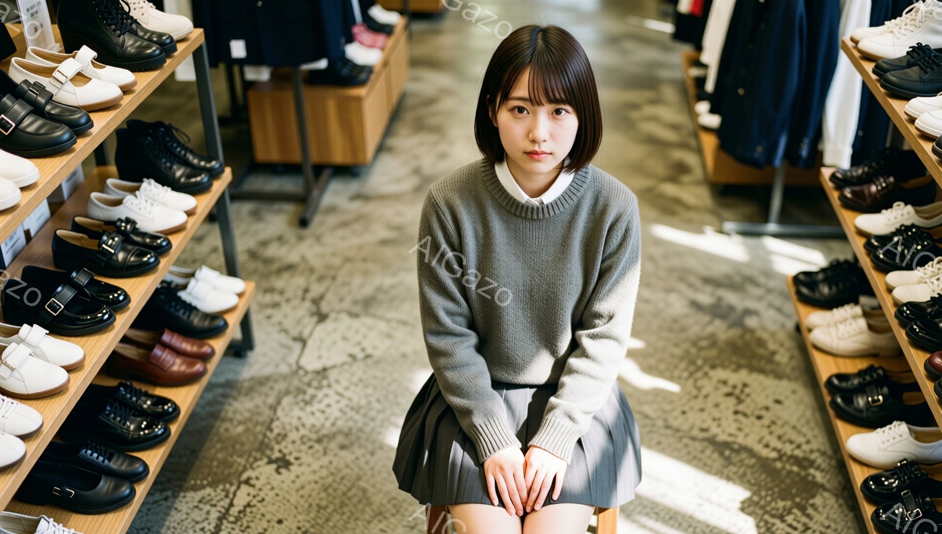 画像には、制服を着た若い女性が椅子に座って正面を見つめている様子が写っています。彼女はグレーのセーターに白いシャツ、そしてプリーツスカートを着用しており、髪は前髪を伸ばしたストレートのボブスタイルです - AI生成フリー素材