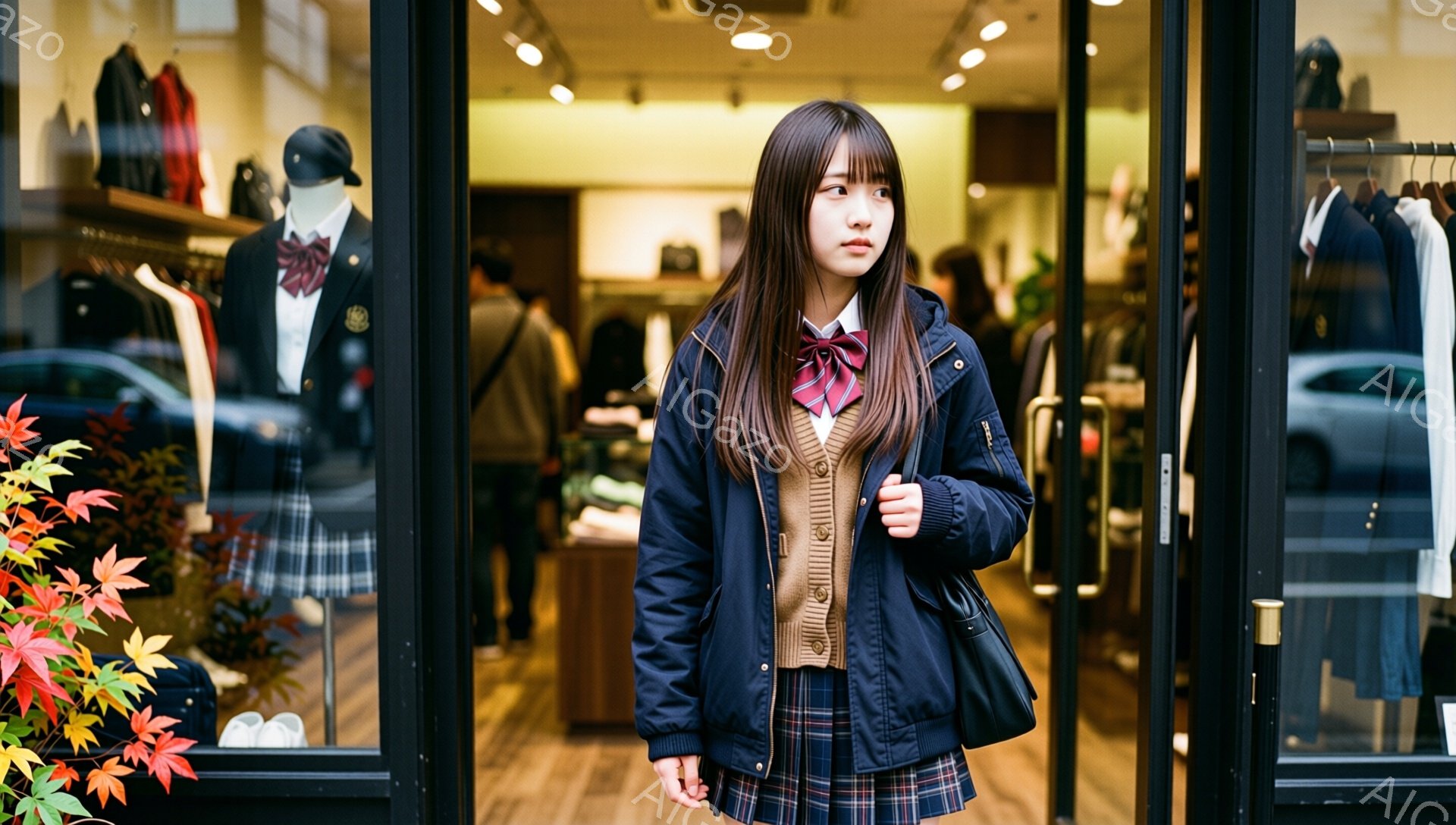画像には、紺色のジャンパー、ベージュのカーディガン、チェック柄のスカート、そしてネクタイとリボンを締めた若い女性が写っています。彼女は少し憂いを含んだ表情で、肩にバッグをかけ、少し前かがみの姿勢で何かを見つめています。背景には、学校制服を展示した店内の様子と、窓の外の道路、そして秋らしい紅葉が見えます。