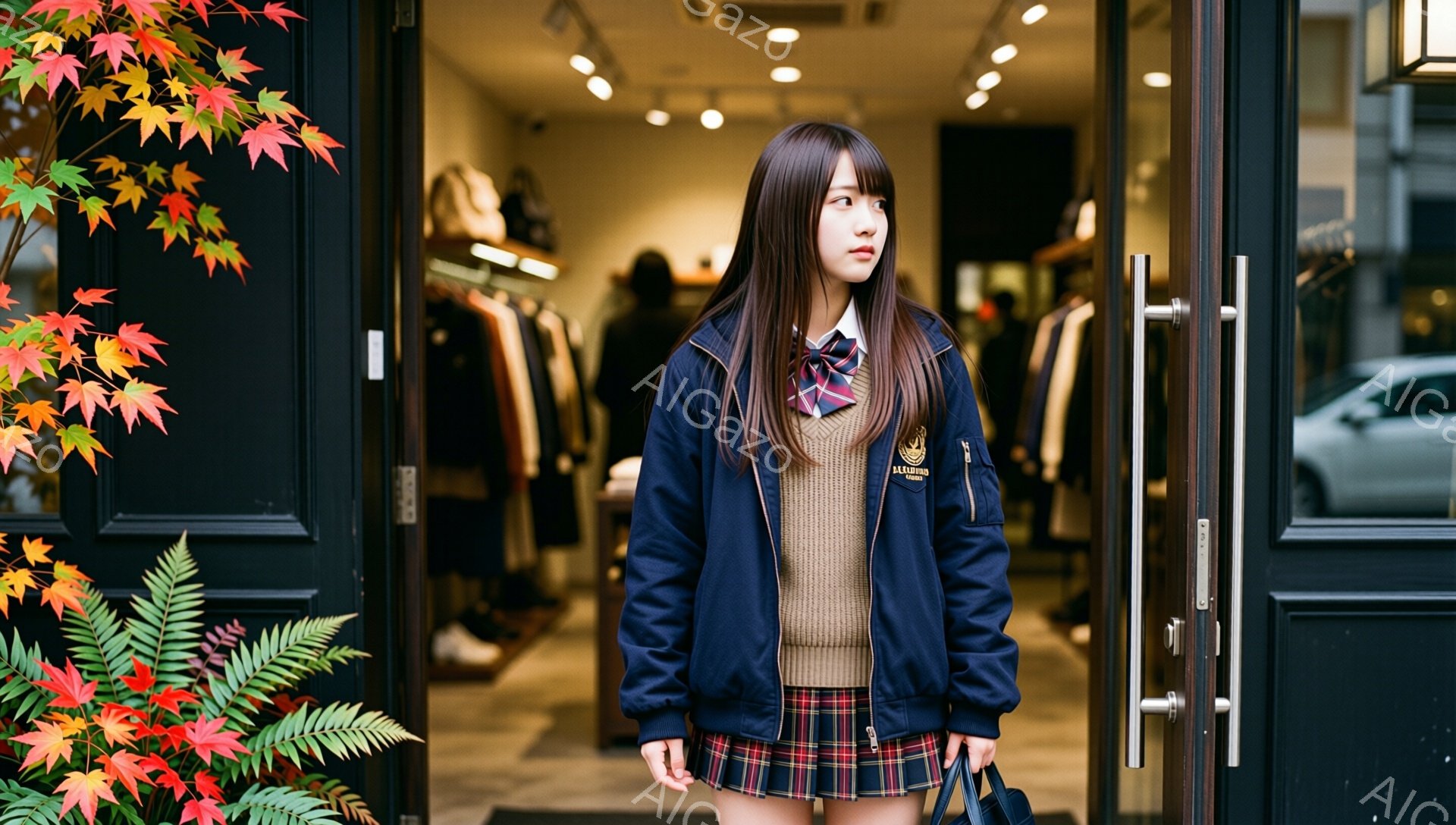 若い女性が紺色のジャケット、ベージュのセーター、チェックのスカートという制服のような服装で、店の入り口に立っています。彼女は長い黒髪で、少し物憂げな表情をしており、遠くを見つめています。背景には洋服が並んだ店内の様子が見え、入り口付近には秋らしい紅葉の枝が飾られています。