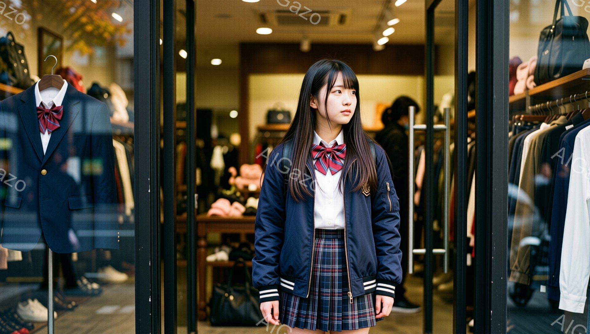 画像には、紺色のブレザーとチェック柄のスカート、白いシャツに赤いネクタイを着用した若い女性が写っています。彼女は少し憂いを帯びた表情で、横を向いて遠くを見つめています。背景には、制服やバッグが並んだ店 - AI生成フリー素材