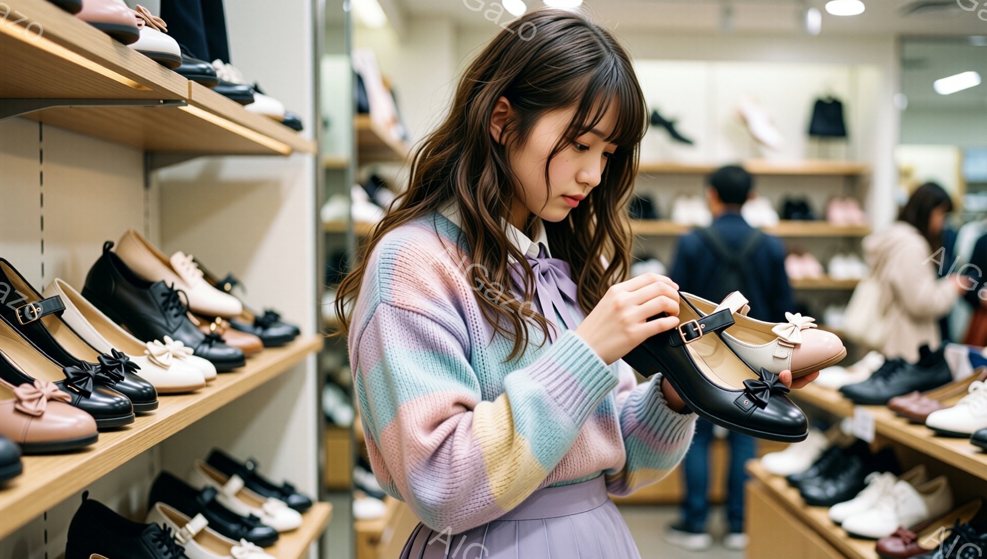 長い髪を後ろに流した女性が、靴屋でベージュ色のストラップ付きシューズを手に取って細部を調べている。彼女はパステルカラーのストライプのセーターと、淡い紫色のワンピースを着ており、姿勢は少し前かがみになっている。背景には様々なデザインの靴が並んだ棚があり、他の買い物客もぼんやりと見える、明るく清潔感のある店内の様子が伺える。