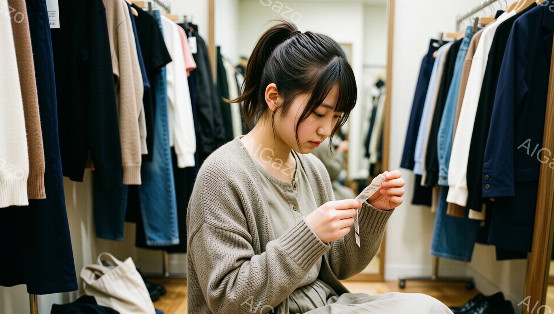 画像には、服が並んだ店内で、ニットを着た若い女性が座ってタグを見ている様子が写っている。彼女は髪を後ろで束ね、集中した表情でタグを調べており、落ち着いた雰囲気のベージュのセーターを着用している。背景には、様々な色の衣類がハンガーにかかっており、室内は明るく、クローゼットのような空間である。