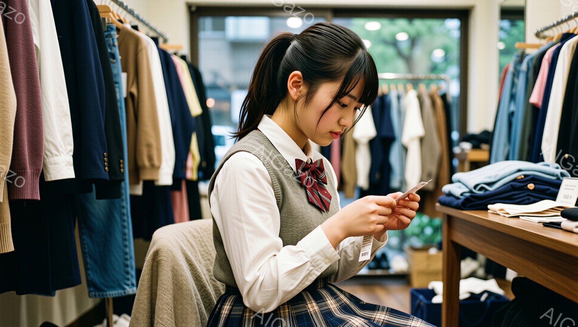 画像には、制服姿の若い女性が写っており、白いシャツにグレーのベスト、チェック柄のスカートを着用しています。彼女は椅子に座り、何か小さなカードを手に持っています。背景には、様々な色のニットやシャツが並んだ衣料品店で、明るく整理された雰囲気です。