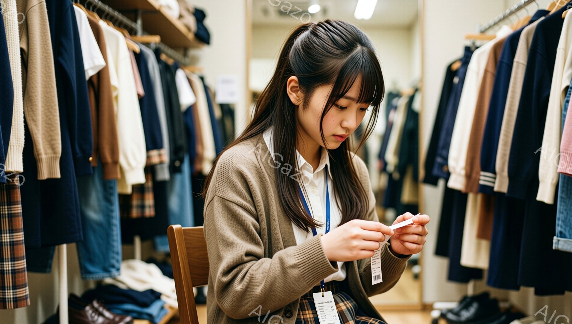 画像には、制服を着た若い女性が店内で商品のタグを見ている様子が写っています。彼女は茶色のカーディガン、白いシャツ、チェックのスカートを身に着け、長い黒髪を後ろでまとめています。背景には、様々な色のニットやシャツが並んだ衣料品店が見え、全体的に落ち着いた雰囲気が漂っています。