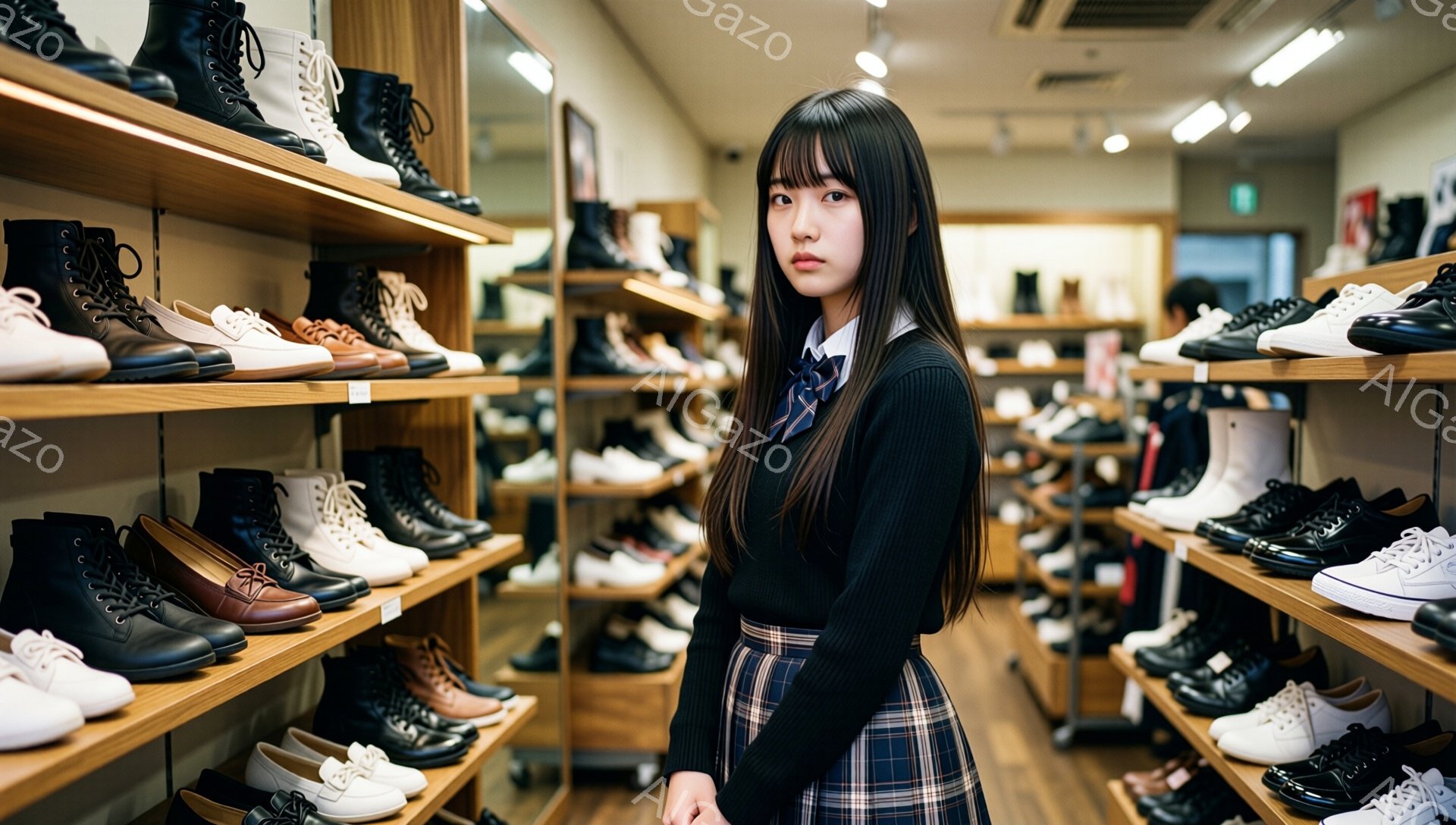 長い黒髪で前髪を揃えた若い女性が、制服を着て店内に立っている。彼女は黒いカーディガン、白いシャツ、チェック柄のスカートを着用し、少し憂いのある表情をしている。背景には靴が並んだ棚があり、店内は明るく整頓されている様子が伺える。
