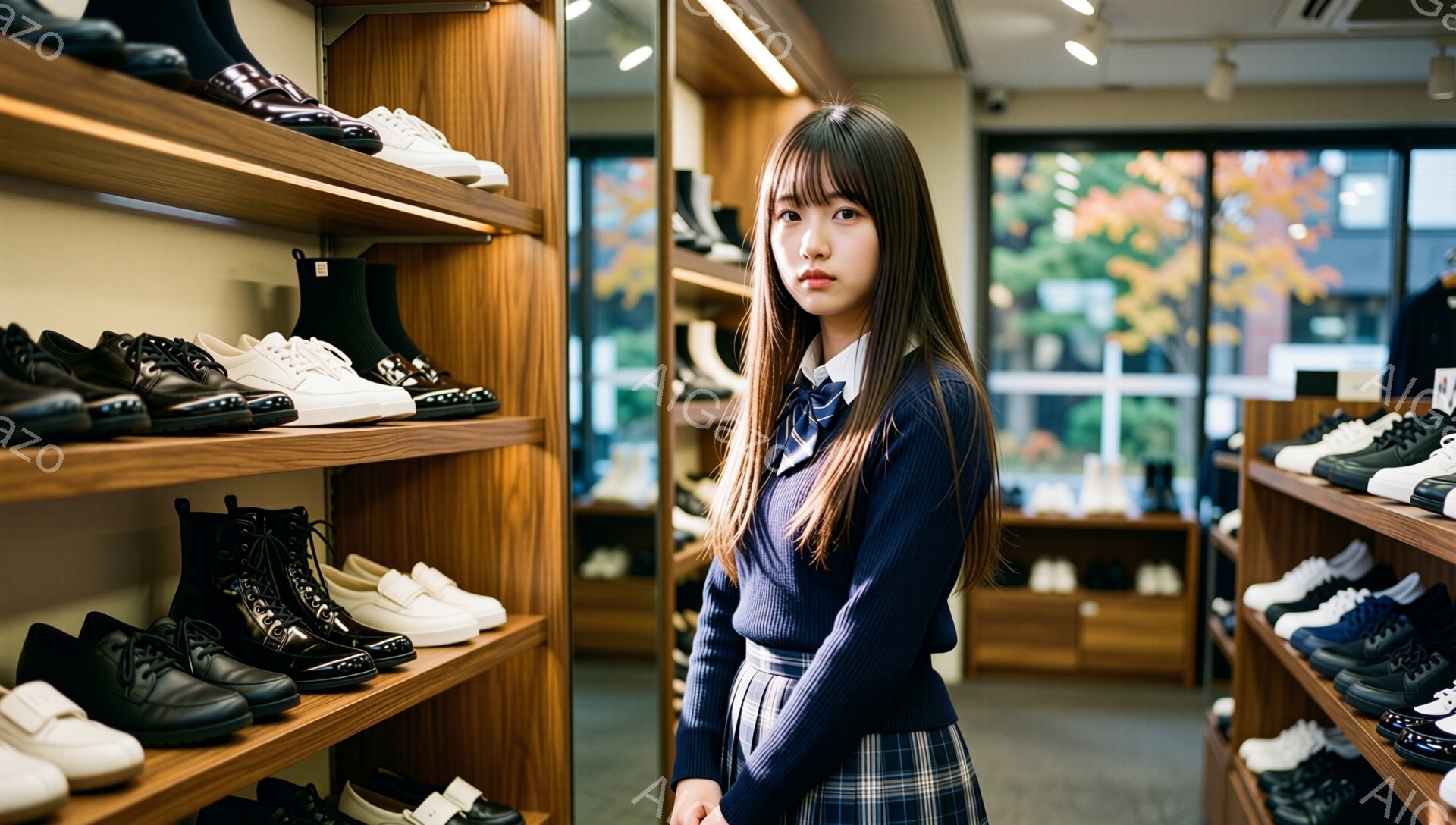 画像には、制服を着た若い女性が写っている。彼女はダークブラウンの髪を肩まで伸ばし、前髪は眉毛にかかるように流している。彼女は少し憂いのある表情で、店舗の棚に並んだ靴の前で立っており、制服は濃い青色のブラウスにチェック柄のスカートとリボンタイが付いている。