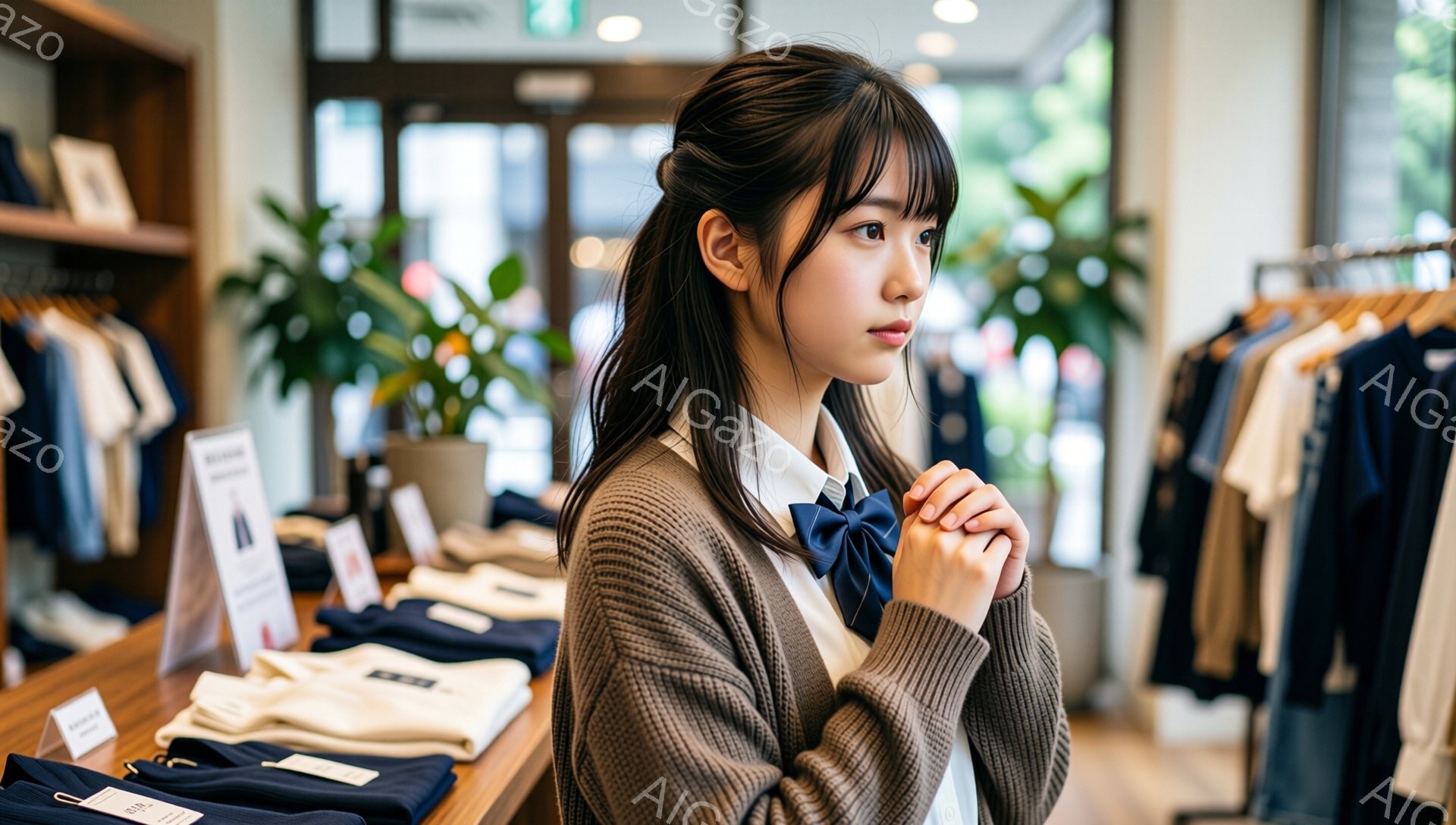 画像には、学校制服を着た若い女性が写っています。彼女は白いシャツにネクタイ、茶色のカーディガンを着ており、髪は後ろで一つに結ばれています。彼女は両手を重ねて少し緊張した表情で何かを見つめています。