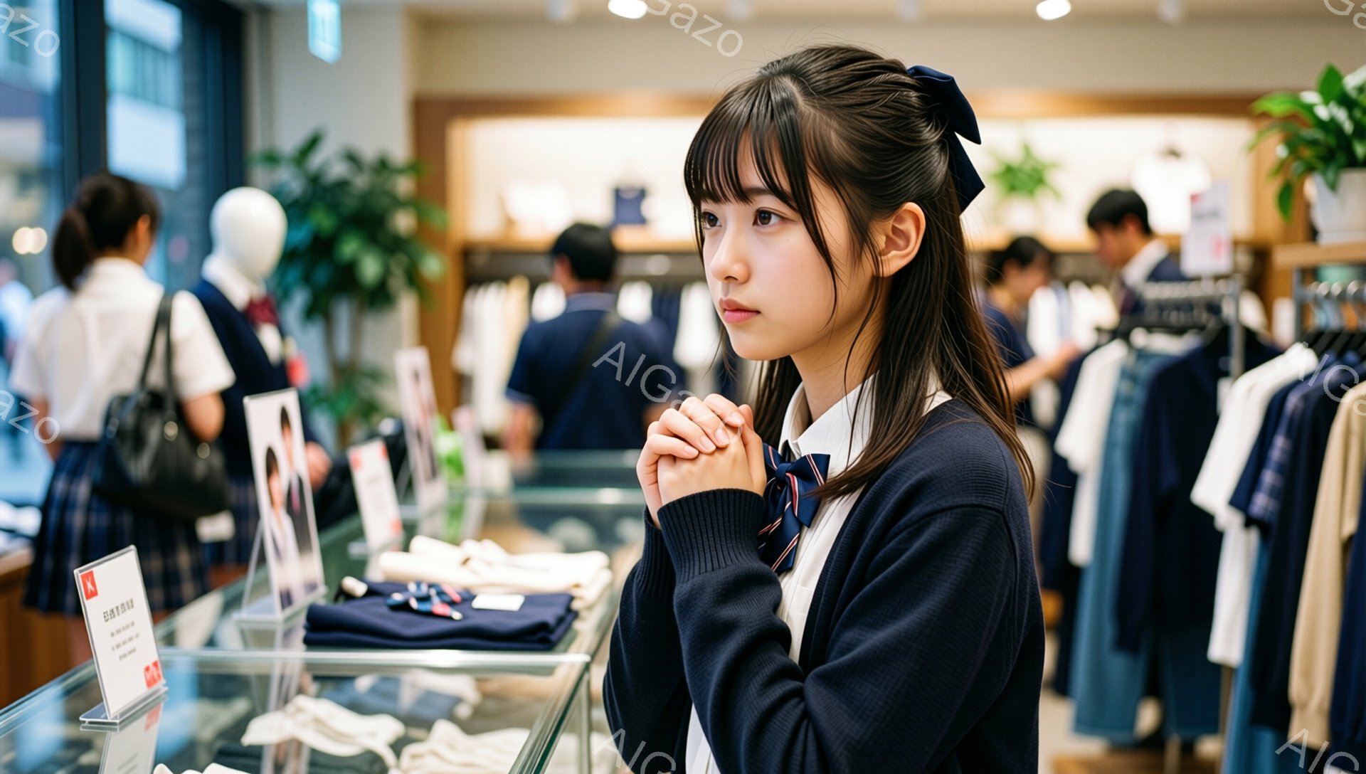 画像には、制服を着た若い女性が写っています。彼女は紺色のカーディガン、白いシャツ、ネクタイ、プリーツスカートを着用し、髪は肩まで伸びており、前髪は整えられています。彼女は何かを熟考しているかのように、わずかに顎を上げ、考え込んでいる表情で、カウンターの前に立っています。