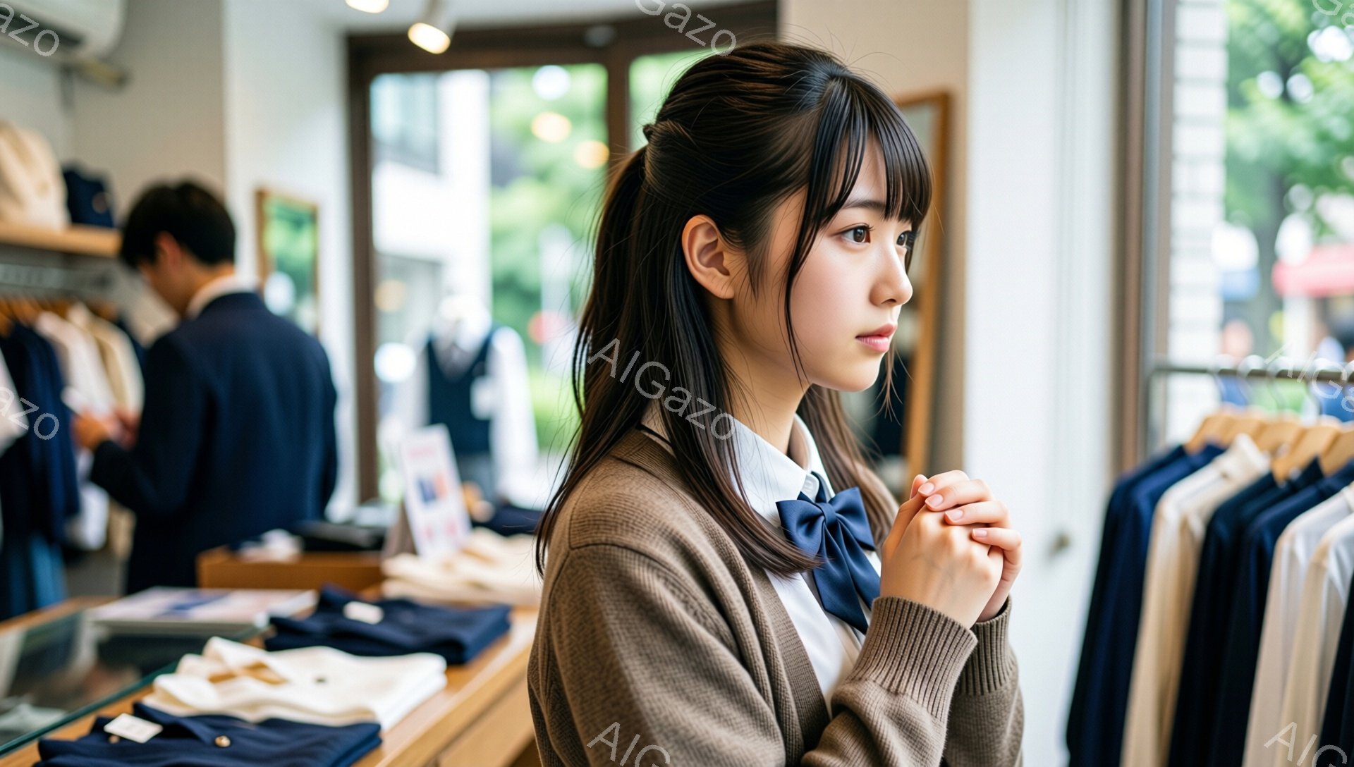 画像には、制服を着た若い女性が写っています。彼女は茶色のカーディガン、白いシャツ、濃い青色のリボンを結んだネクタイを着ており、両手を重ねて少し緊張した表情をしています。背景には、衣服が並んだ店内の様子が見え、店の外には建物と自然光が差し込んでいます。