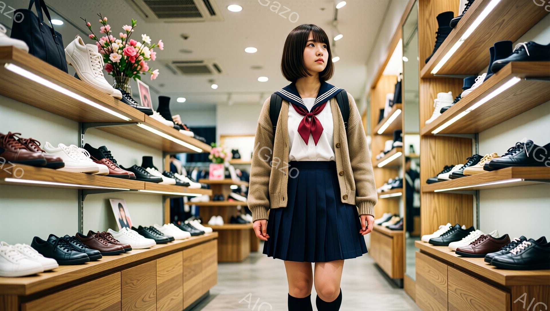 制服を着た若い女性が、靴が並んだ店の奥をまっすぐ見つめている。彼女は茶色のカーディガン、白いシャツ、濃い青色のプリーツスカート、黒いソックスを着用しており、髪は肩までの長さで前髪が少しある。背景には整然と並べられた様々な靴と、わずかに見える花が飾られたスペースがあり、全体的に明るく清潔感のある雰囲気である。