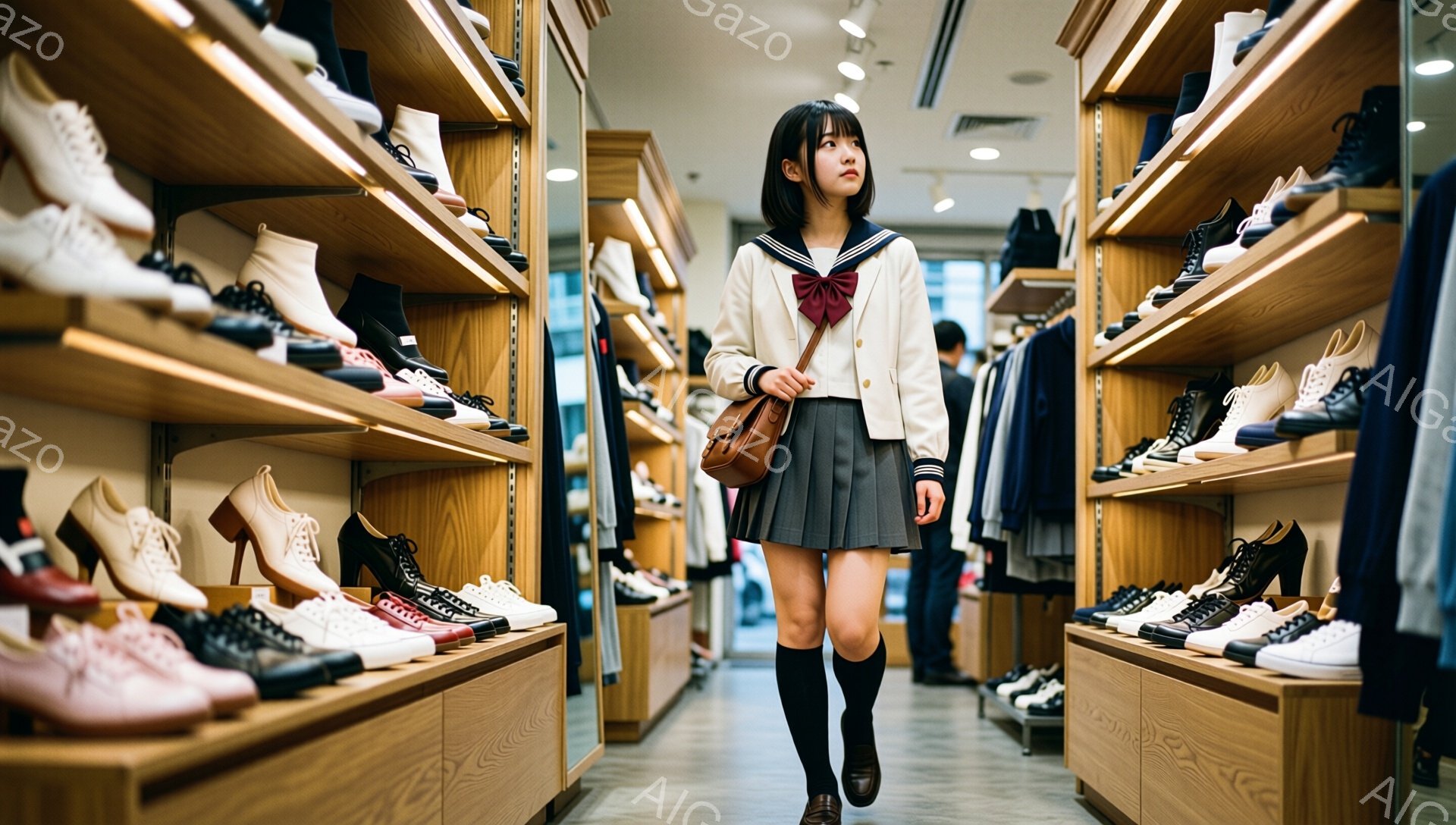 紺色のリボンとブレザーが特徴の女子学生が、靴の陳列棚が並ぶ店内で歩いている。彼女は黒い膝上ソックスと茶色のローファーを履き、肩に茶色のショルダーバッグをかけている。明るい店内は木製の棚で埋め尽くされ、整然とした雰囲気で、彼女はやや物憂げな表情で前を見ている。