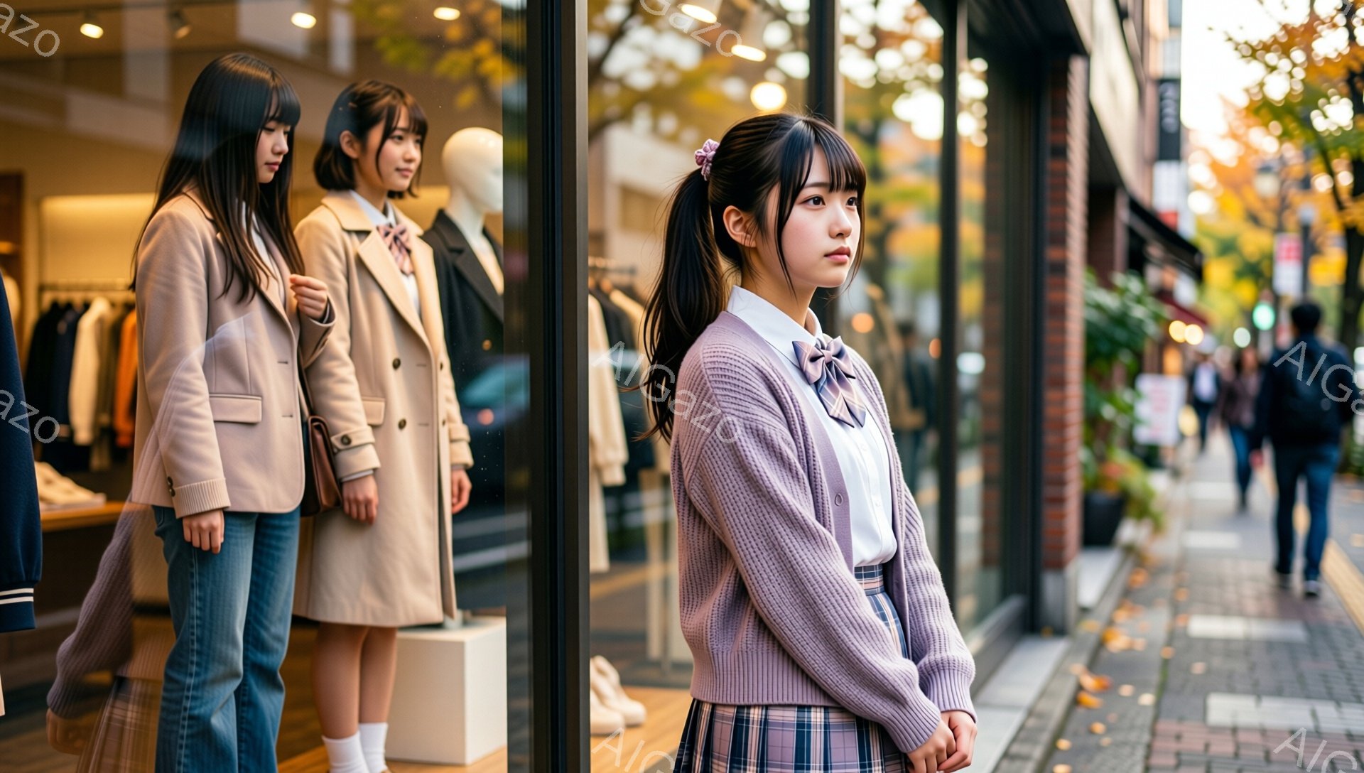 画像には、ショーウィンドウの前で物思いにふける若い女性が描かれています。彼女はラベンダー色のカーディガンにチェック柄のスカートを合わせ、髪はポニーテールにしています。背景には、ショーウィンドウに飾られたマネキンや、歩行者が並ぶ商店街の風景が広がっており、全体的に穏やかで物憂げな雰囲気が漂っています。