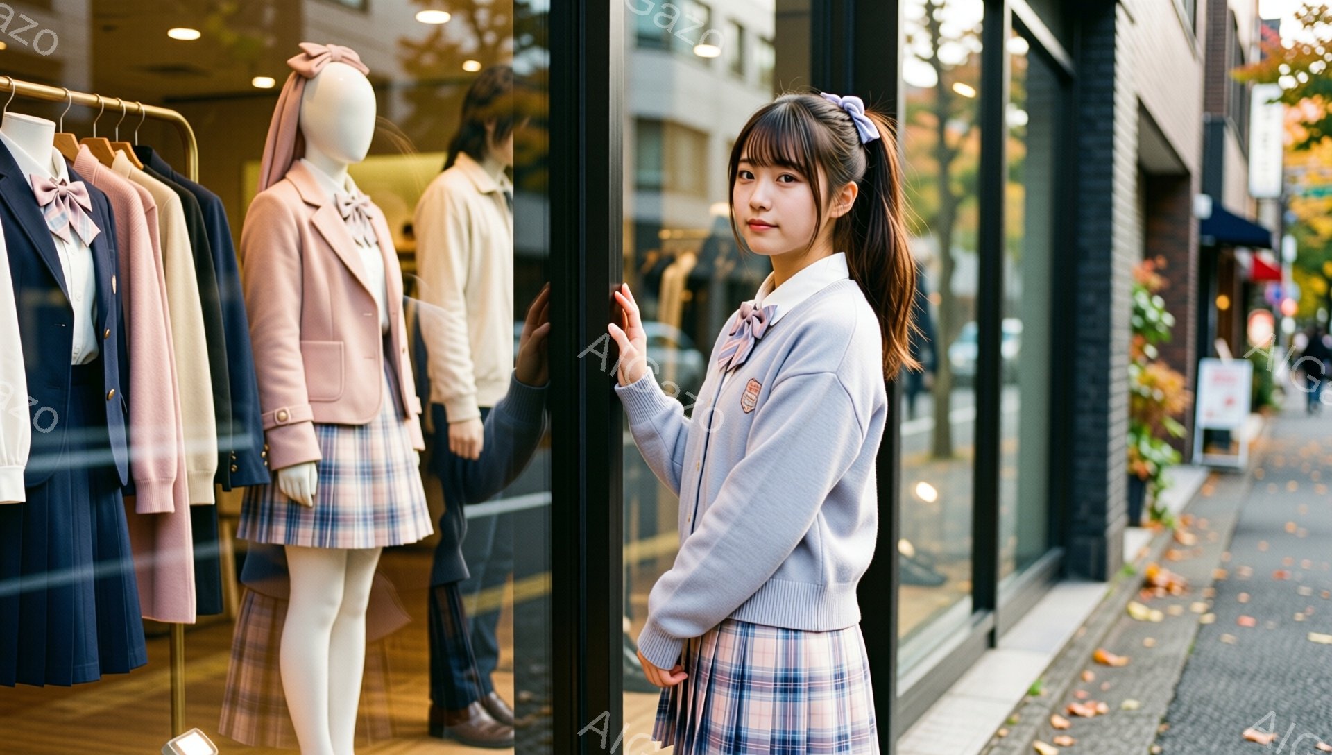 若い女性がショーウィンドウの前に立っており、明るい紫色のカーディガン、チェック柄のスカート、白いシャツを着ています。彼女は髪を高いポニーテールにし、リボンで結んでいます。背景には、さまざまな色のジャケットやスカートが飾られたショーウィンドウと、葉が散りばめられた歩道が見え、秋の穏やかな日差しが差し込んでいます。