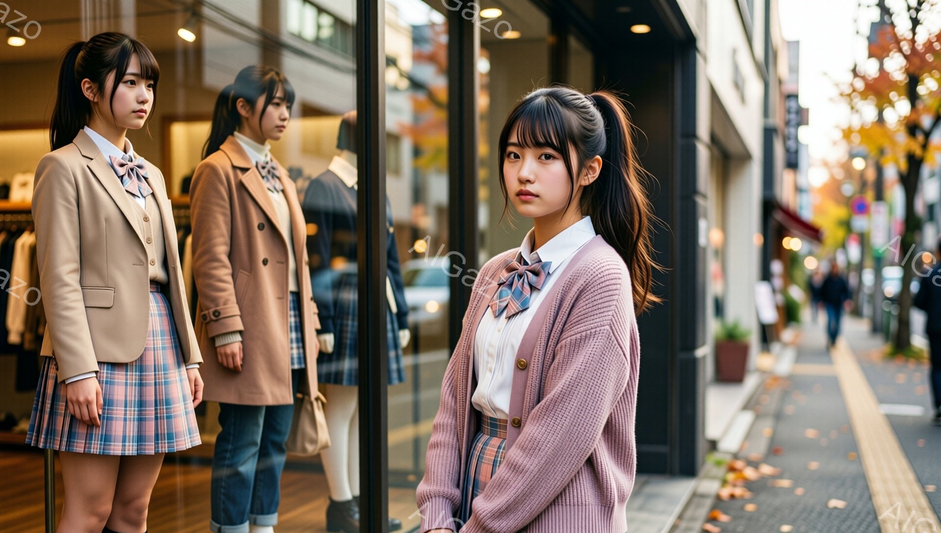 画像には、制服を着た若い女性が写っています。彼女はピンク色のカーディガン、チェックのスカート、白いシャツにネクタイをしており、髪はポニーテールに結ばれています。背景はショーウィンドウと街並みで、葉が散りばめられた歩道と、遠くに見える人々と建物が秋の雰囲気を醸し出しています。