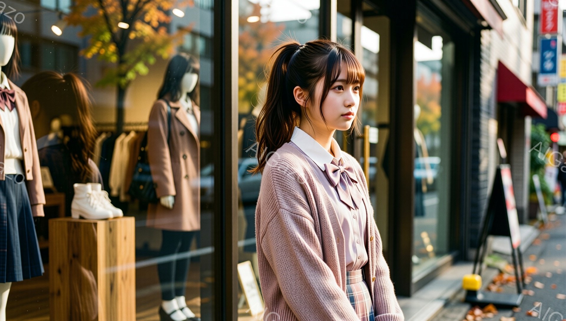 若い女性が街のウィンドウショッピングをしている様子が写っている。彼女はピンク色のニットカーディガン、チェック柄のスカート、そして白いブラウスを着用し、髪は後ろでポニーテールに結んでいる。背景には洋服店があり、ショーウィンドウにはマネキンが展示されているとともに、通りには秋の落ち葉が散らばっている。