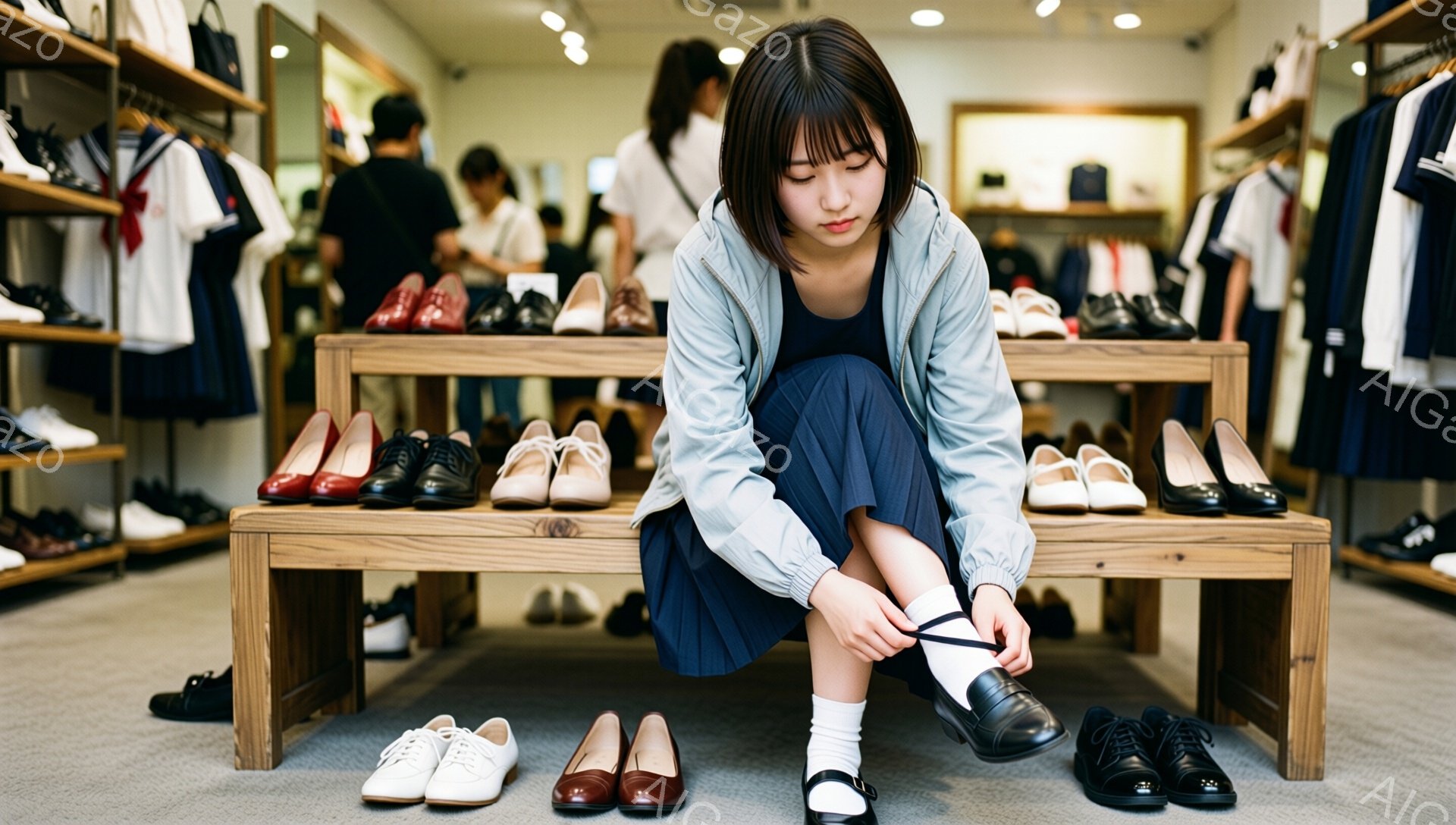 画像には、靴屋で靴を履こうとしている若い女性が写っています。彼女は膝を曲げて座り、白いソックスと黒いストラップ付きの靴を結んでいます。背景には、さまざまな種類の靴が並んだ棚や、他の買い物客が見えます。