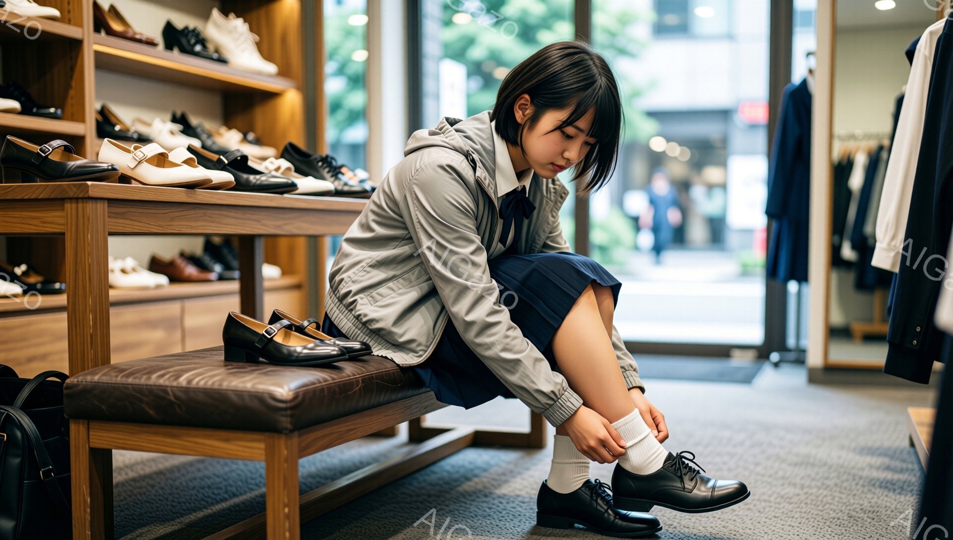 画像には、制服を着た若い女性が靴を履いている様子が写っています。彼女はグレーのジャケット、ネイビーのスカート、白いシャツを着ており、髪は短く切り揃えられています。女性は茶色のベンチに座り、黒い革靴の靴紐を結びながら、少し顔を下げています。