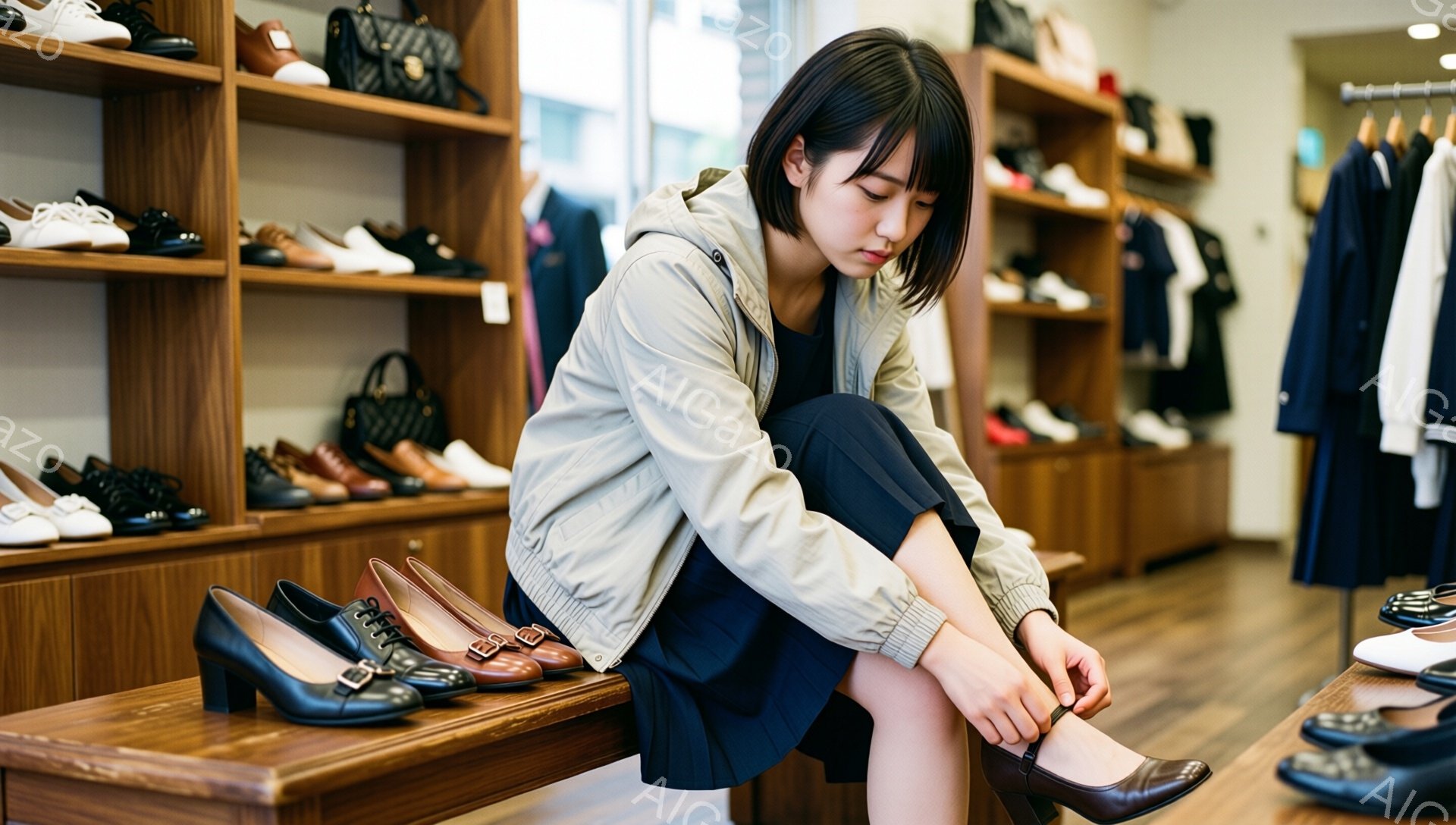 一人の女性が店内で靴を履こうとしています。彼女は黒いボブヘアで、ベージュのジャケットと黒いプリーツスカートを着用しており、真剣な表情で靴紐を結んでいます。背景には、様々な靴やハンドバッグが並んだ棚があり、明るく落ち着いた雰囲気のショップであることがわかります。