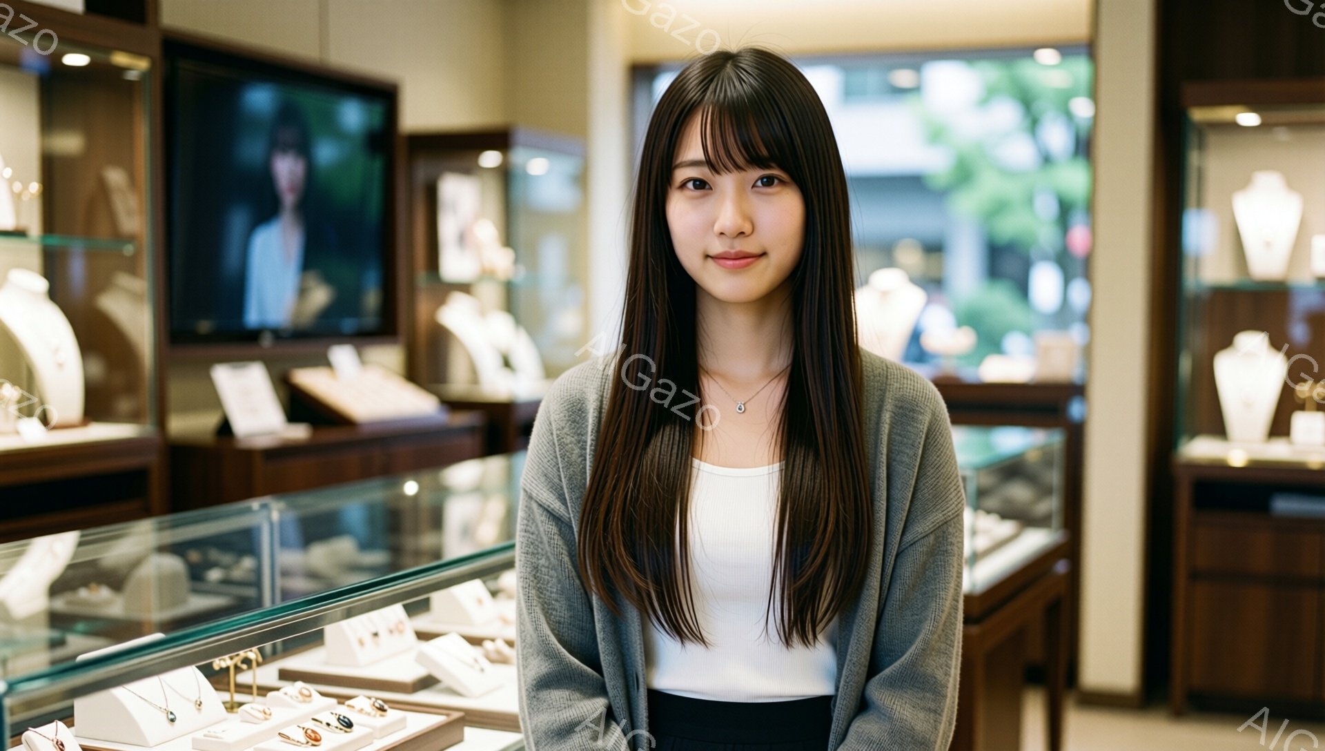 長いダークブラウンの髪で、前髪が目に少しかかるようにカットされた女性が写っています。グレーのカーディガンと白いインナーを着て、黒いボトムスを履いています。背景には宝石が陳列されたショーケースがあり、明るい室内で、穏やかで落ち着いた雰囲気が漂っています。