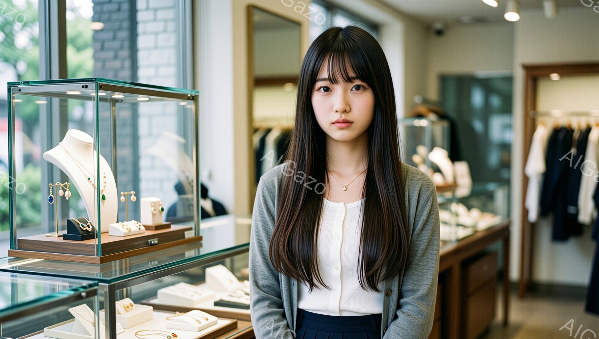 長い茶色の髪をセンターパートにした若い女性が、ジュエリー店の前に立っています。白いブラウスにグレーのカーディガン、濃い色のスカートを身につけ、落ち着いた表情で正面を見ています。背景にはジュエリーが並んだショーケースや、ハンガーに吊るされた服が見え、店内は明るく清潔な雰囲気です。