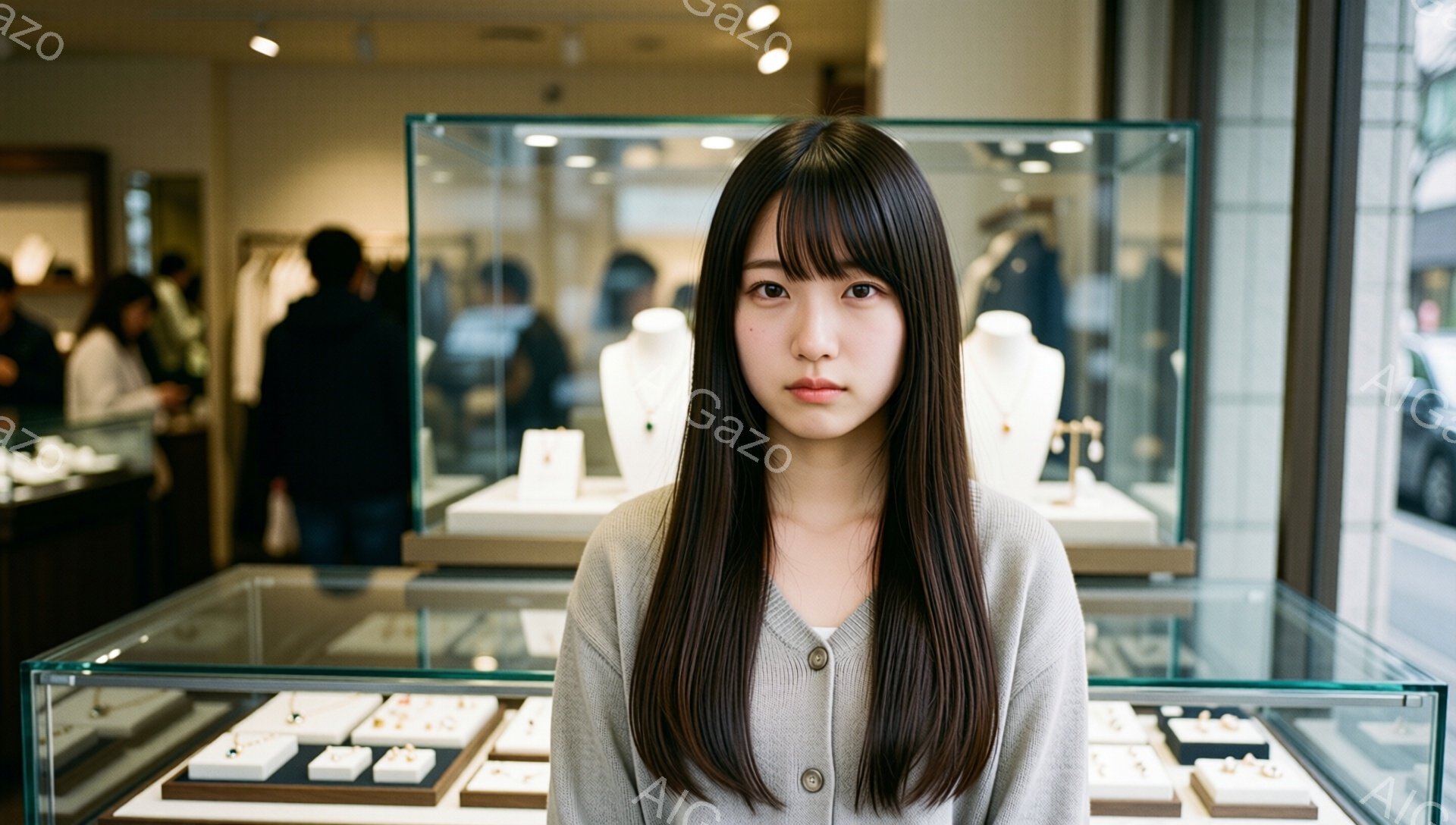 画像には、ショーウィンドウの前で立つ若い女性が写っています。彼女はグレーのカーディガンを着て、長くストレートの黒髪をしています。彼女の表情は穏やかで、少し内気な印象を与えます。