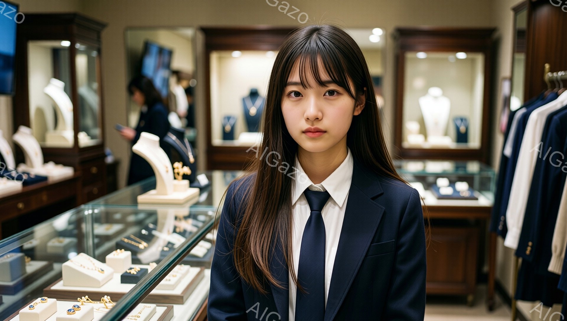 画像には、紺色のスーツにネクタイを締めた若い女性が写っています。彼女は長い黒髪で、前髪が目にかかるヘアスタイルです。背景は宝石店で、ショーケースにはジュエリーが並び、高級感のある雰囲気が漂っています。