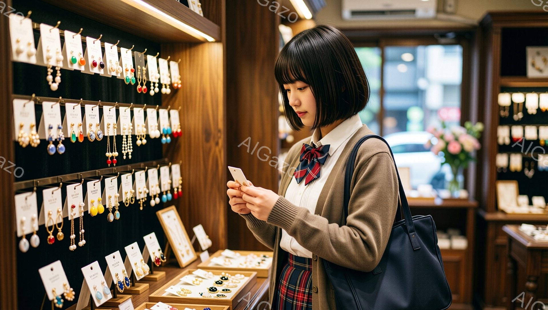 画像には、アクセサリーショップでスマートフォンを見ている若い女性が写っています。彼女はベージュのカーディガン、白いシャツ、チェック柄のスカート、そして茶色のリボンを着用し、ダークブラウンのショートボブヘアにしています。背景には、様々なデザインのイヤリングやネックレスが並んだショーケースがあり、店内の暖かい雰囲気が伝わってきます。