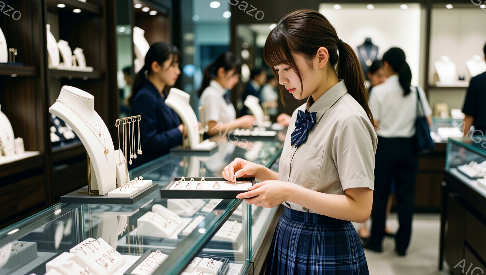 画像には、宝石店のショーケースを見ている女子高生が写っています。彼女は白いブラウスとチェックのスカート、そしてネクタイをつけており、髪はポニーテールに結ばれています。ショーケースに並んだジュエリーを真剣な表情で眺めており、購入を検討している様子がうかがえます。