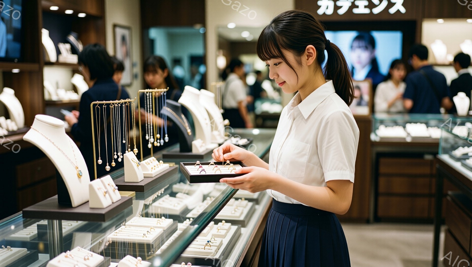 画像には、ジュエリー店のカウンター前で指輪を見ている若い女性が写っています。彼女は白いブラウスと濃い青色のプリーツスカートを着用し、髪は後ろでポニーテールにまとめています。ショーケースには様々なデザインの指輪やネックレスが並び、女性はそれらを真剣な表情で眺めています。