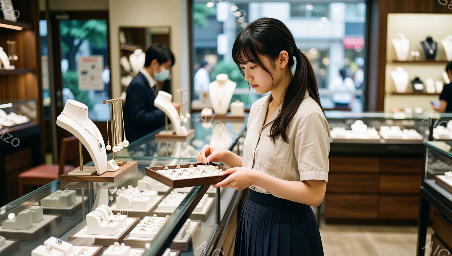 若い女性が宝石店のショーケースの前で指輪の入ったトレイを手に取って見ています。彼女はベージュのブラウスに濃い青色のプリーツスカートを着用し、髪を後ろで一つに結んでいます。背景には他の宝石やショーケース、そしてマスクをした男性の従業員がぼんやりと見えます。