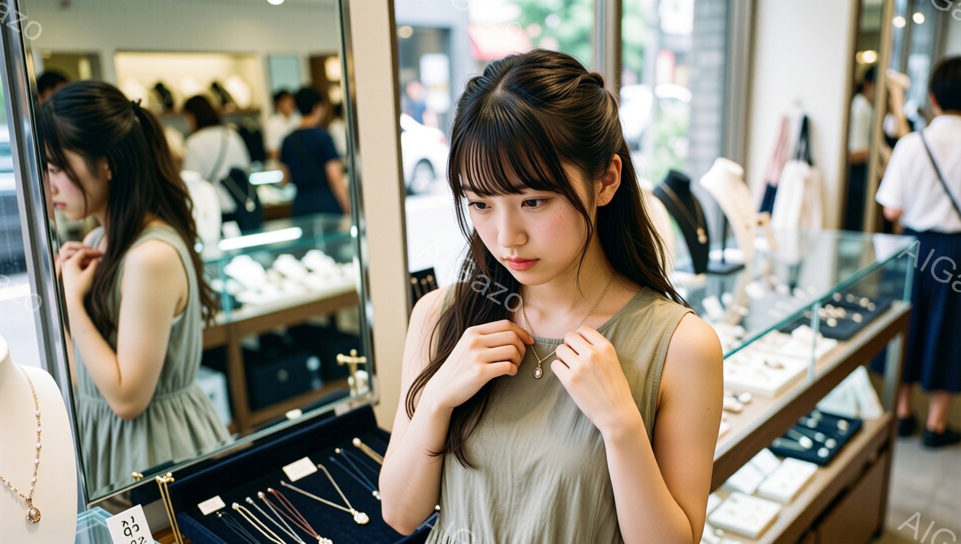 画像には、薄茶色のキャミソールワンピースを着た若い女性が写っています。彼女は長い黒髪を肩にかけ、金色のネックレスを手に取り、自分の首につけているところです。背景にはジュエリー店のショーケースと、他の買い物客がぼんやりと見えます。