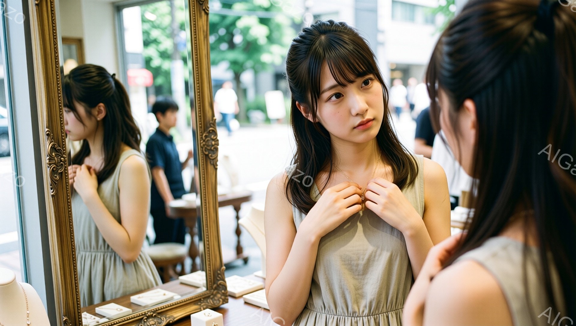 画像には、装飾的な金のフレームの鏡の前でネックレスを試している若い女性が写っています。彼女はベージュ色のノースリーブのドレスを着ており、長いダークブラウンの髪は肩にかかっています。女性は鏡に映る自分を見つめ、やや思索的な表情を浮かべています。