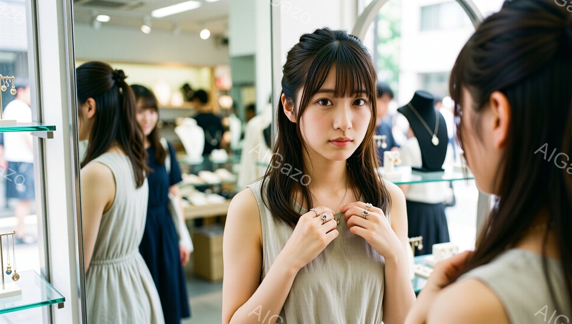 画像には、ジュエリーショップで指輪を試している若い女性が写っています。彼女はベージュ色のキャミソールワンピースを着ており、肩までの長さの茶髪をサイドパートにしています。女性は少し真剣な表情で、指輪を眺めており、店のショーケースや他の顧客がぼやけて背景に見えます。