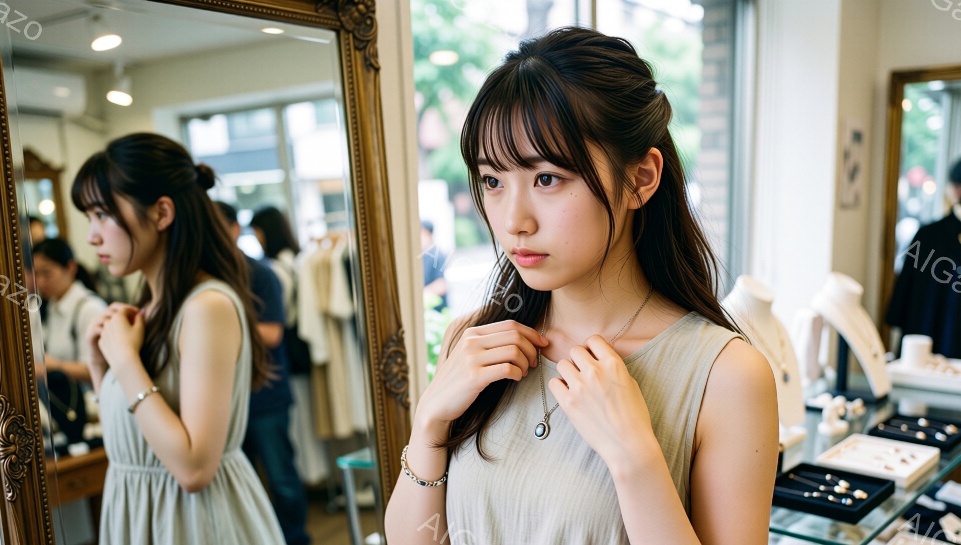 少女は、装飾的なフレームの鏡の前で、首につけたネックレスのペンダントを指で軽く触れています。ベージュ系のキャミソールワンピースを着ており、肩と腕が露わになっています。背景には、他の人々がぼんやりと見え、ショーケースにはアクセサリーが並んでおり、店内である様子がわかります。