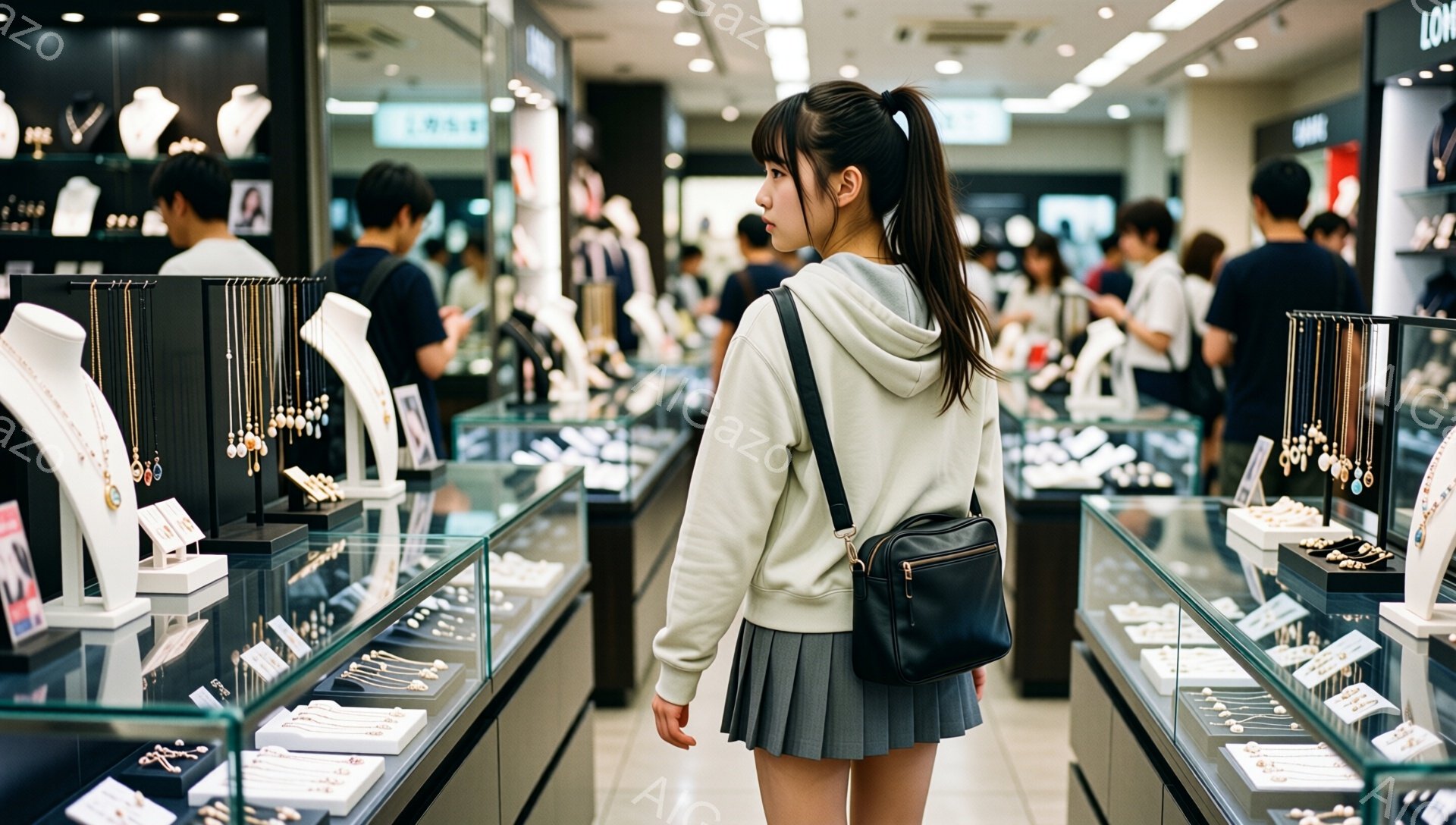 画像には、ジュエリーショップにいる若い女性が写っている。彼女は白いパーカーとグレーのプリーツスカートを身につけ、肩にかばんをかけている。ショーケースには様々なジュエリーが並び、他の買い物客もわずかに見え、店内は明るく、活気がある。