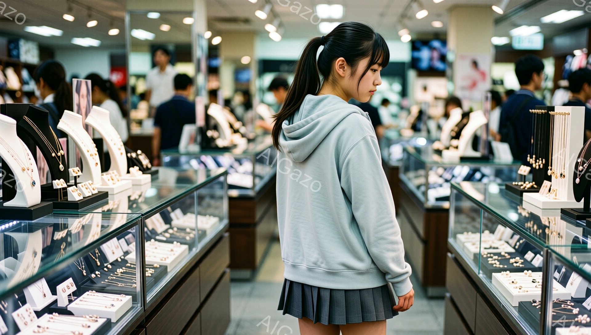 画像には、ジュエリー店の棚の前に立つ若い女性が写っています。彼女は薄い水色のパーカーとグレーのプリーツスカートを身に着け、髪を後ろでポニーテールにまとめています。背景には、他の買い物客やジュエリーが並んだショーケースが見え、店内は明るく、やや混雑した雰囲気です。