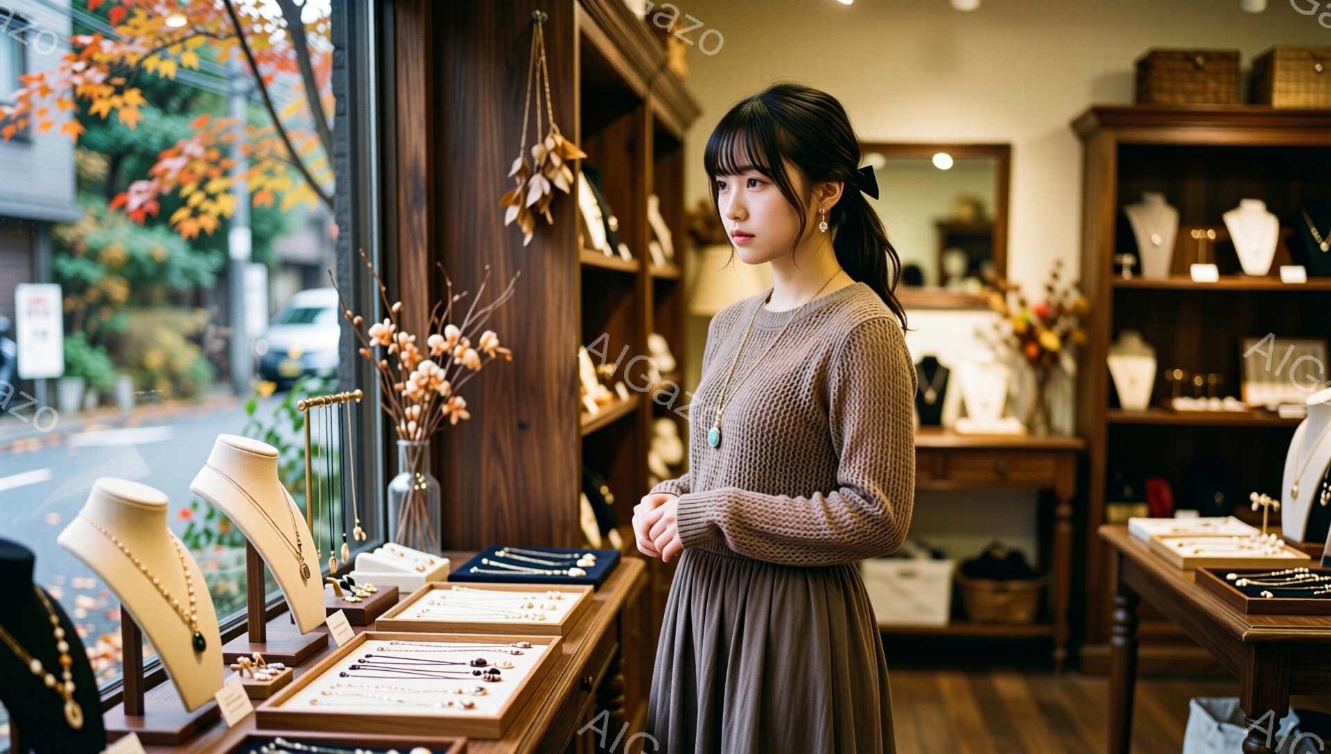 画像には、店内で展示されたジュエリーの前に立つ若い女性が写っています。彼女はベージュの長袖ニットと長めのスカートを身に着け、髪は後ろでポニーテールに結んでいます。表情は穏やかで、ややこちらを見ており、落ち着いた雰囲気のジュエリーショップの内部が背景に見えます。