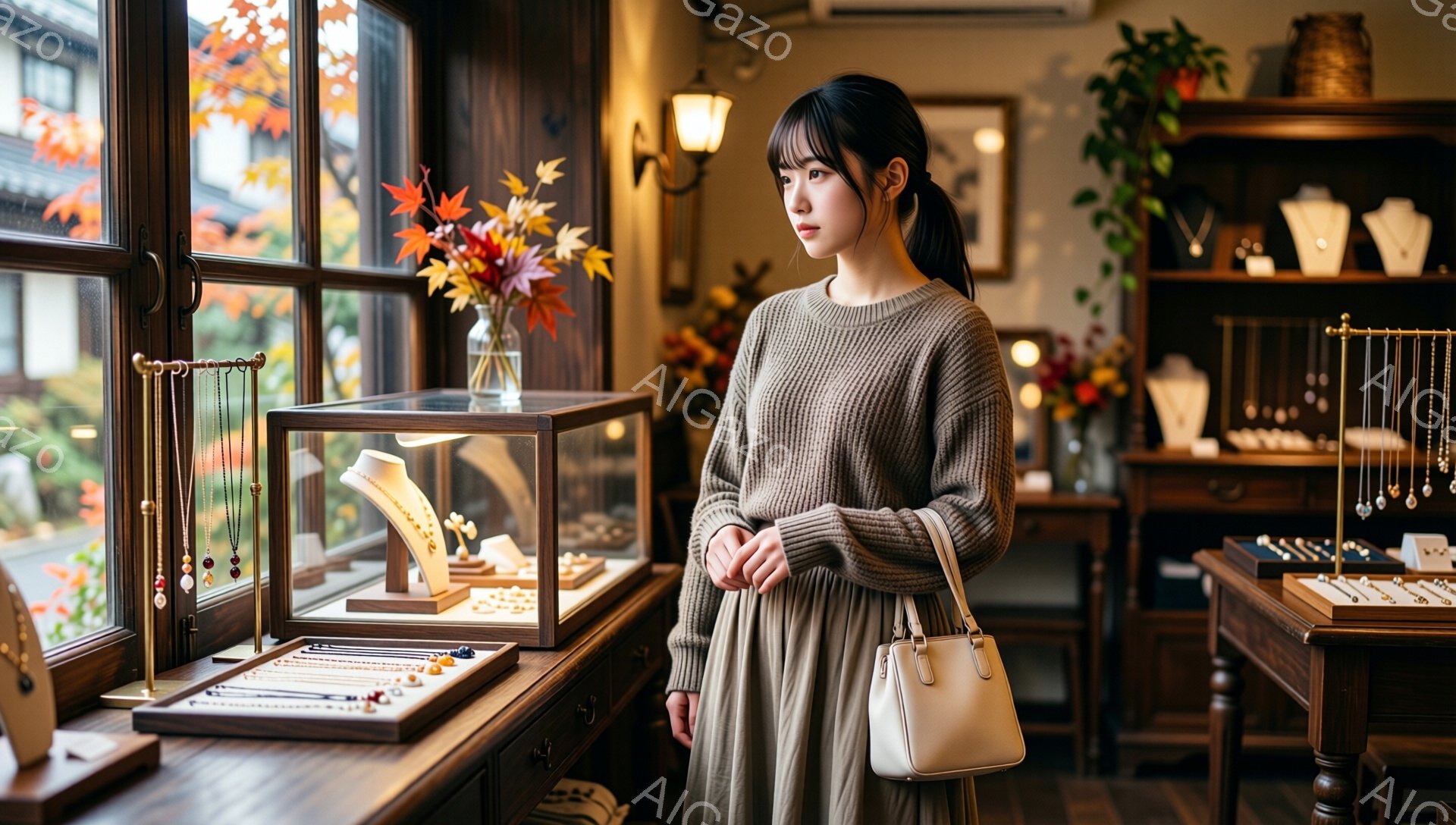 画像には、明るい茶色のセーターと灰色のドレスを着た若い女性が写っています。彼女は手を前に組んで立っており、少し物憂げな表情で横を向いています。背景には宝石が並んだショーケースや植物、そして窓の外には紅 - AI生成フリー素材