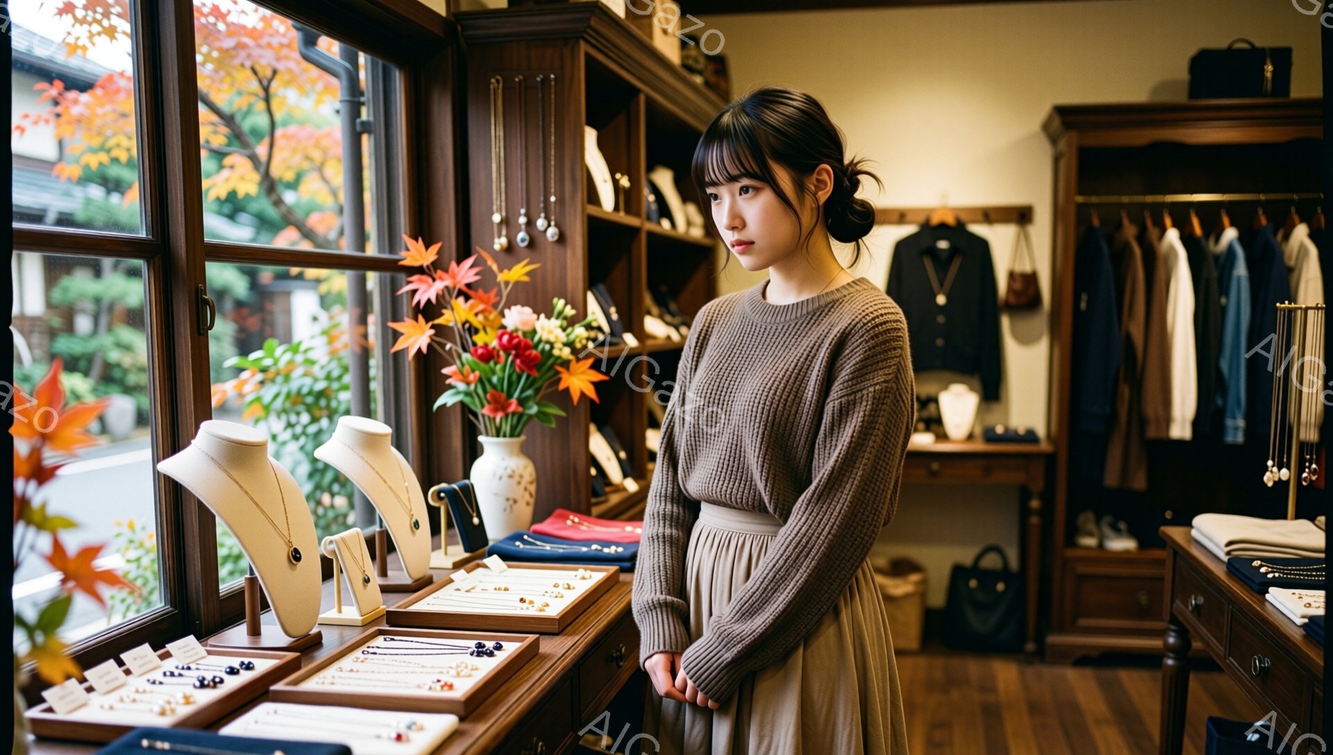 画像には、茶色のセーターとベージュのスカートを着た若い女性が写っています。彼女は前髪を分けており、落ち着いた表情で何かを眺めています。背景には、ジュエリーが並んだショーケースと、秋色の紅葉が見える窓が - AI生成フリー素材