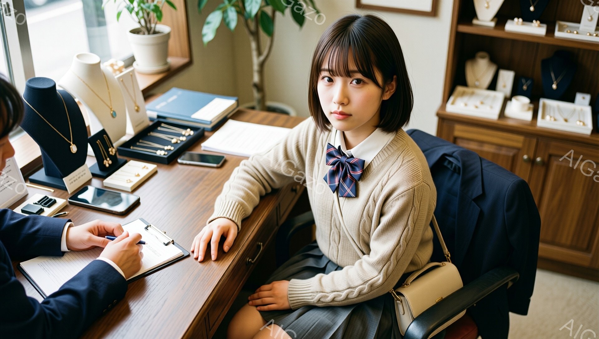 画像には、制服を着た若い女性が宝石店のカウンター席に座っており、やや厳しい表情で正面を見据えています。彼女はベージュのセーターにグレーのスカート、リボン付きのネクタイをしており、肩にはクリーム色のハンドバッグを掛けています。背景にはジュエリーが並んだショーケースや、書類に記入している男性の姿があり、店内は落ち着いた雰囲気です。