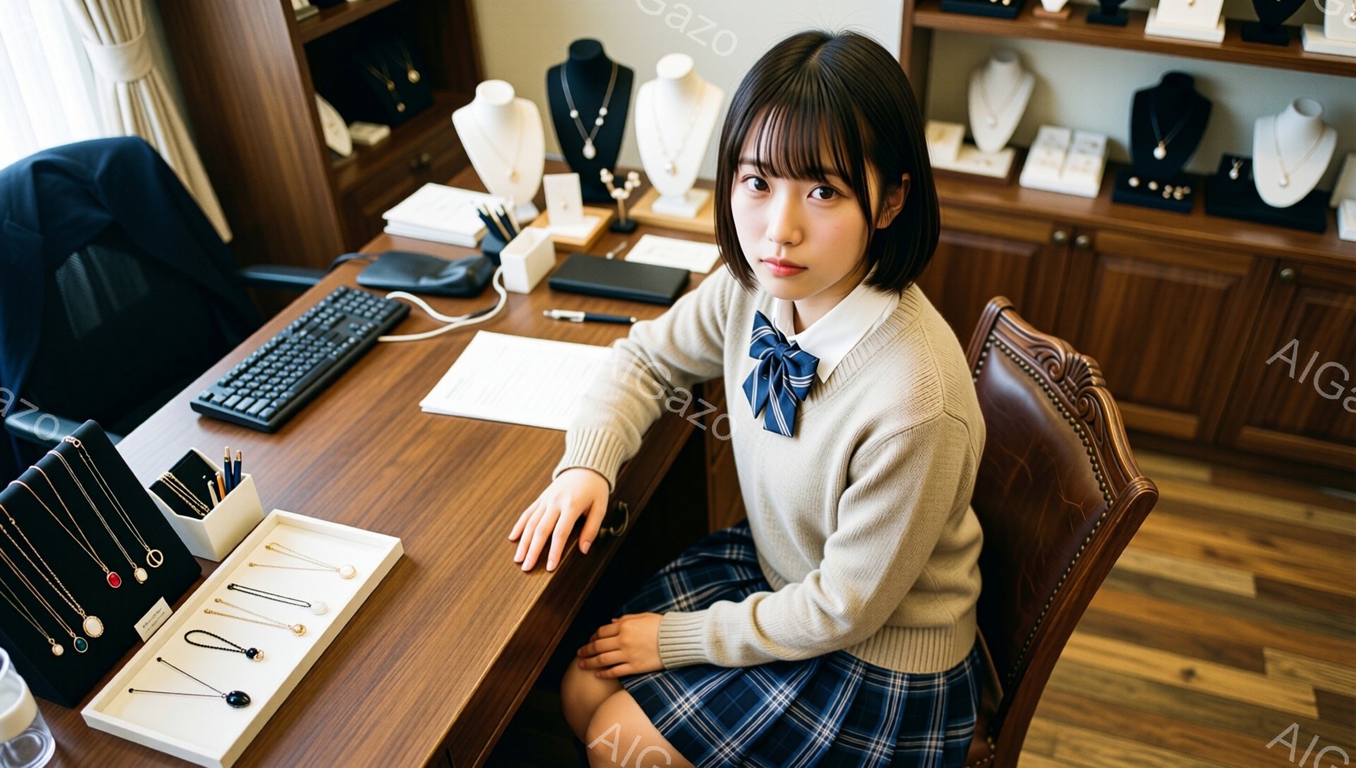 画像には、紺色のリボンとセーターを着た若い女性が映っています。彼女はチェック柄のスカートを履き、整然とした前髪と肩までの長さの髪型をしています。彼女は机に座っており、少しこちらを見て微笑んでおり、背景にはジュエリーが並んだショーケースが見えます。
