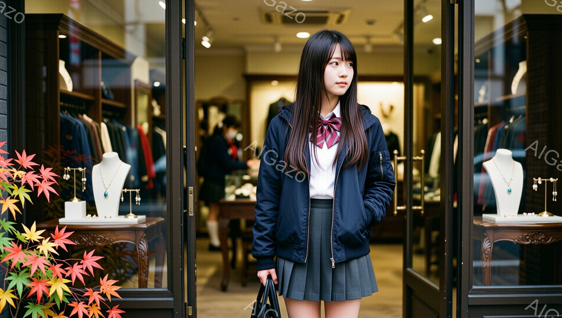 制服姿の若い女性が、お店の入り口に立っている。紺色のジャンパー、白いシャツ、グレーのプリーツスカート、赤いリボンが特徴的で、肩には黒いバッグを掛けている。背景にはジュエリーが飾られたショーケースと、制 - AI生成フリー素材