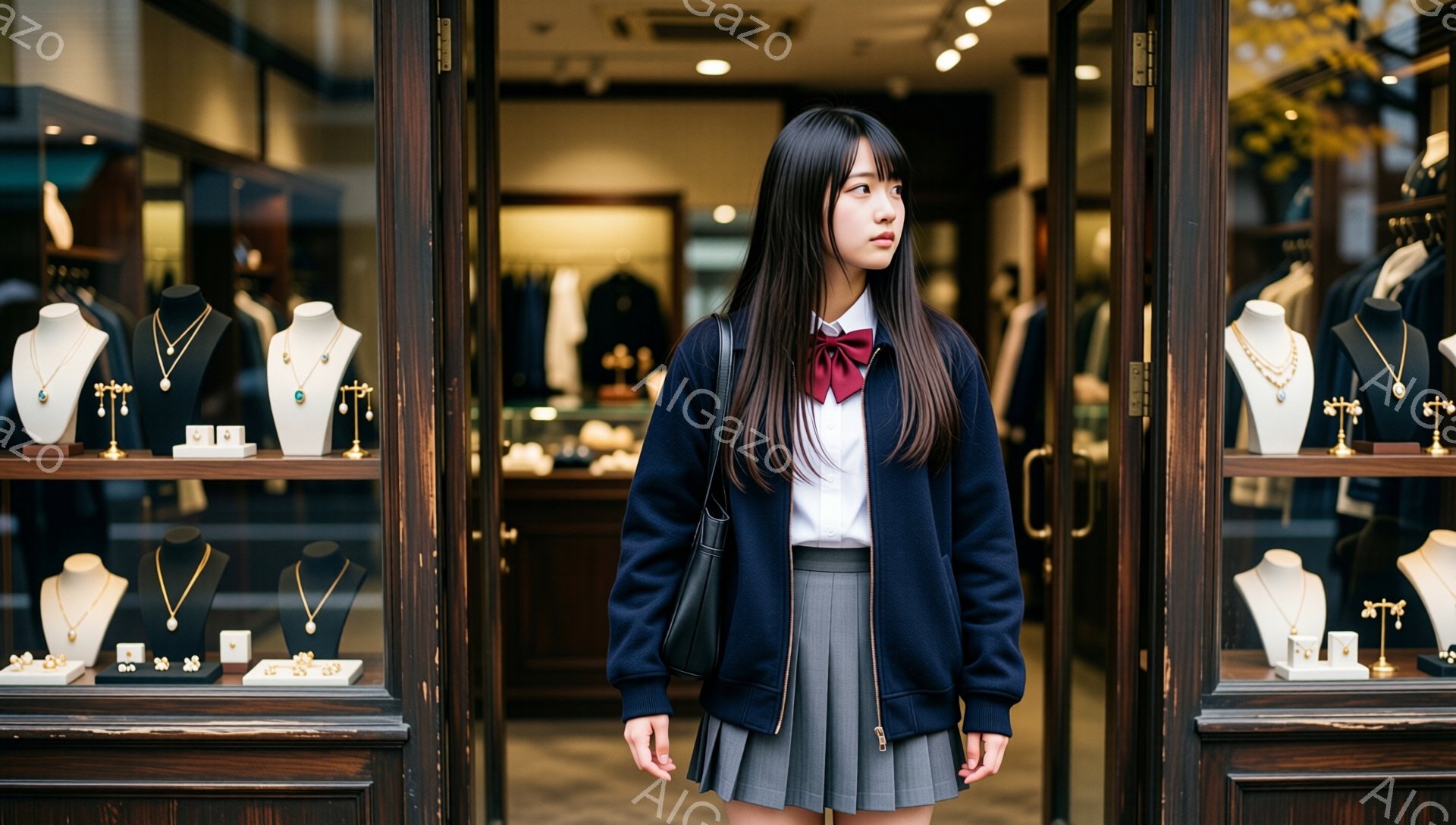 画像には、制服を着た若い女性が映っています。彼女は白いシャツにネクタイ、紺色のブレザー、プリーツスカートを着用し、肩にバッグをかけています。背景には、宝石が並んだショーケースがあり、店内の様子がうかがえます。