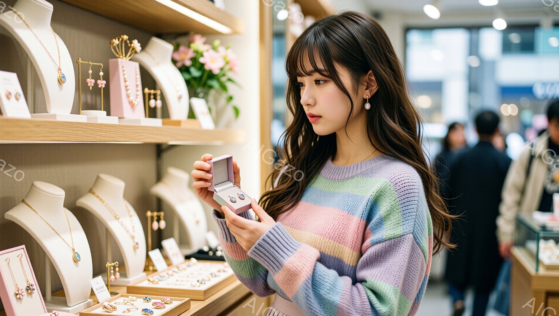 若い女性が宝石店の棚の前で、ピンクと紫が混ざったカラフルなセーターを着て立っています。彼女は長い茶色の髪を持ち、小さな箱の中身を興味深そうに見ており、耳には控えめな宝石のイヤリングをつけています。背景には、宝石が並んだショーケースや、他の買い物客がぼんやりと見え、全体的に明るく華やかな雰囲気が漂っています。