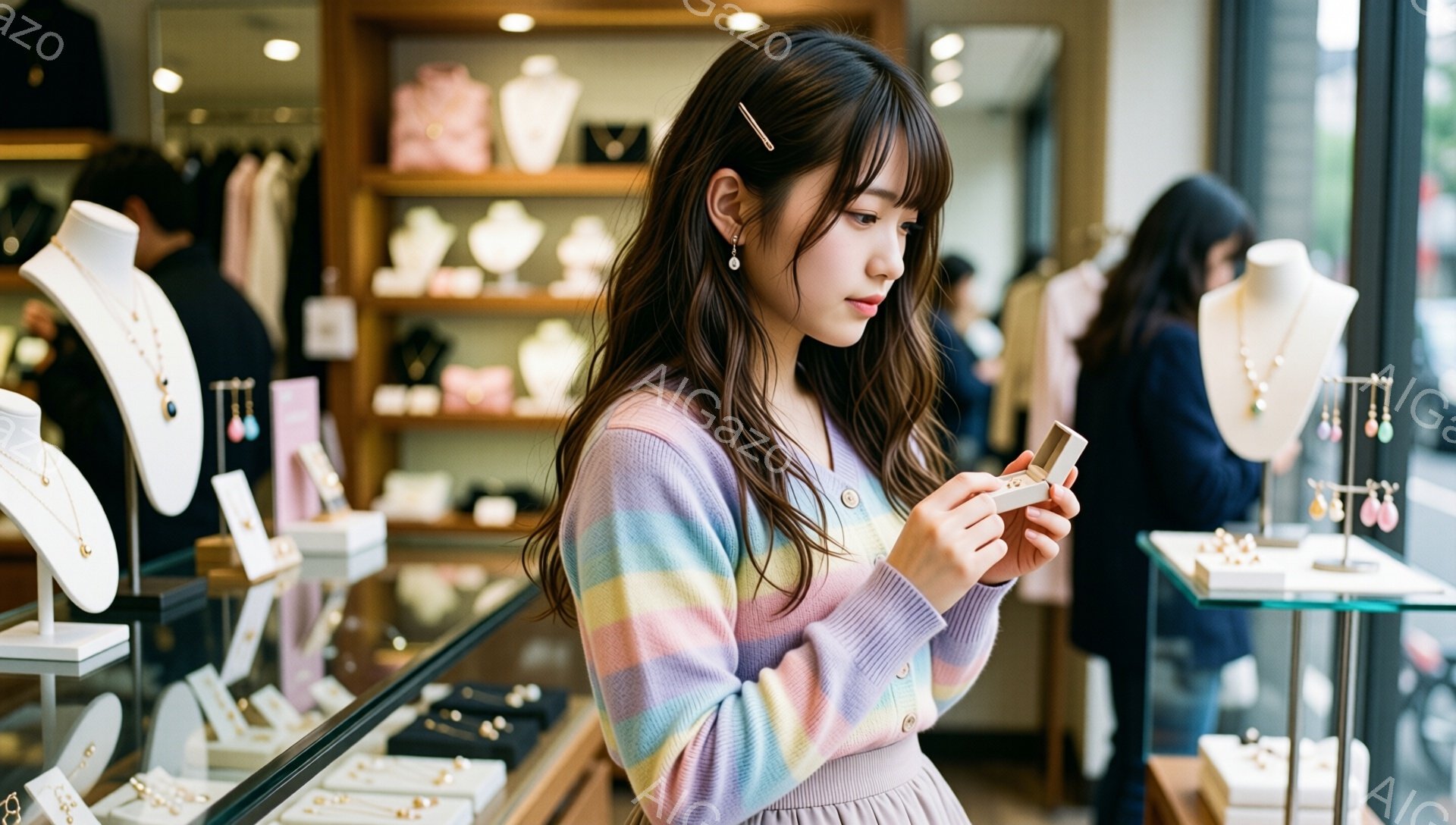 若い女性が宝石店のショーケースの前で、小さな箱の中身を覗き込んでいます。彼女はパステルカラーのカーディガンを着用し、ゆるいウェーブヘアをサイドでピンで留めています。背景には、様々な宝石が並んだショーケースと、ぼんやりと見える他の顧客がいます。