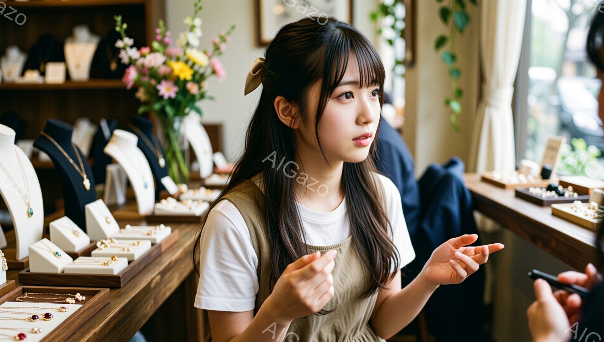 若い女性が明るい店内でお店のスタッフと話している様子が写っている。彼女は白いTシャツにベージュのオーバーオール姿で、前髪を少し分けている。彼女は片手を広げて何かを説明しているようで、表情は真剣で、背景にはジュエリーが並んだショーケースと花が飾られている。