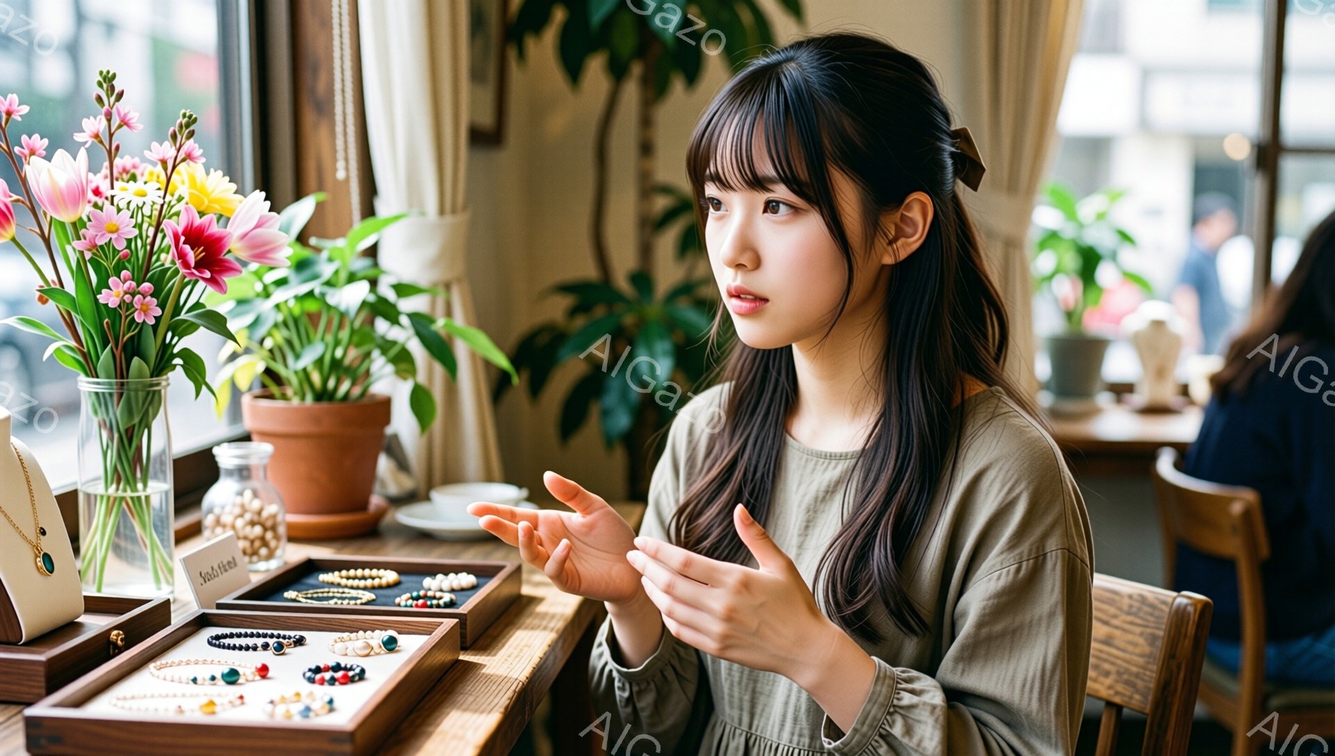 長い黒髪をハーフアップにした若い女性が、ビーズやアクセサリーが並んだテーブルの前に座っています。ベージュ色のゆったりとしたブラウスを着ており、何かを説明するかのように両手を広げて話しています。背景には観葉植物や花瓶が置かれ、明るい自然光が差し込む、落ち着いた雰囲気の店内です。