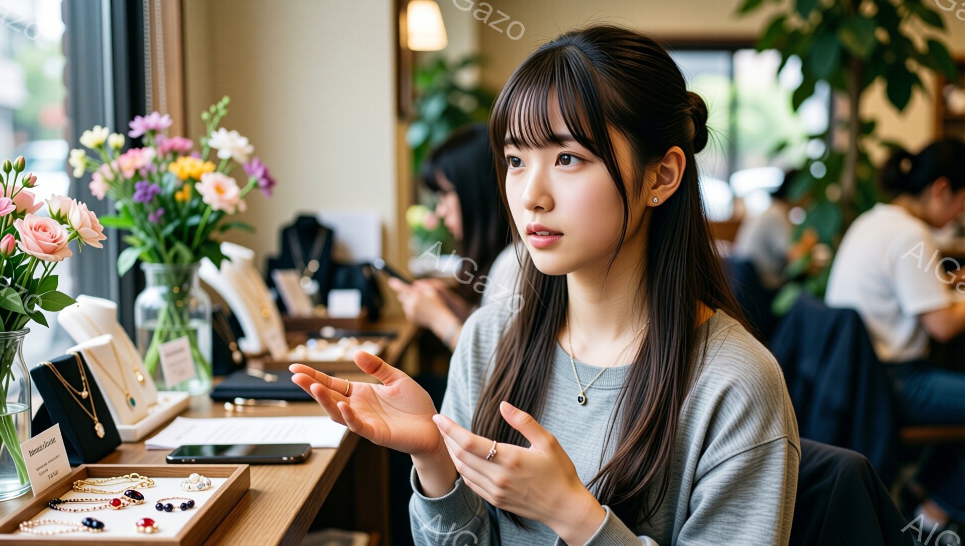 長い髪をなびかせた若い女性が、何かを説明しているかのように両手を広げて話しています。彼女は薄いグレーのセーターを着ており、控えめなアクセサリーを身につけ、表情は真剣で穏やかです。背景には、花が飾られた - AI生成フリー素材