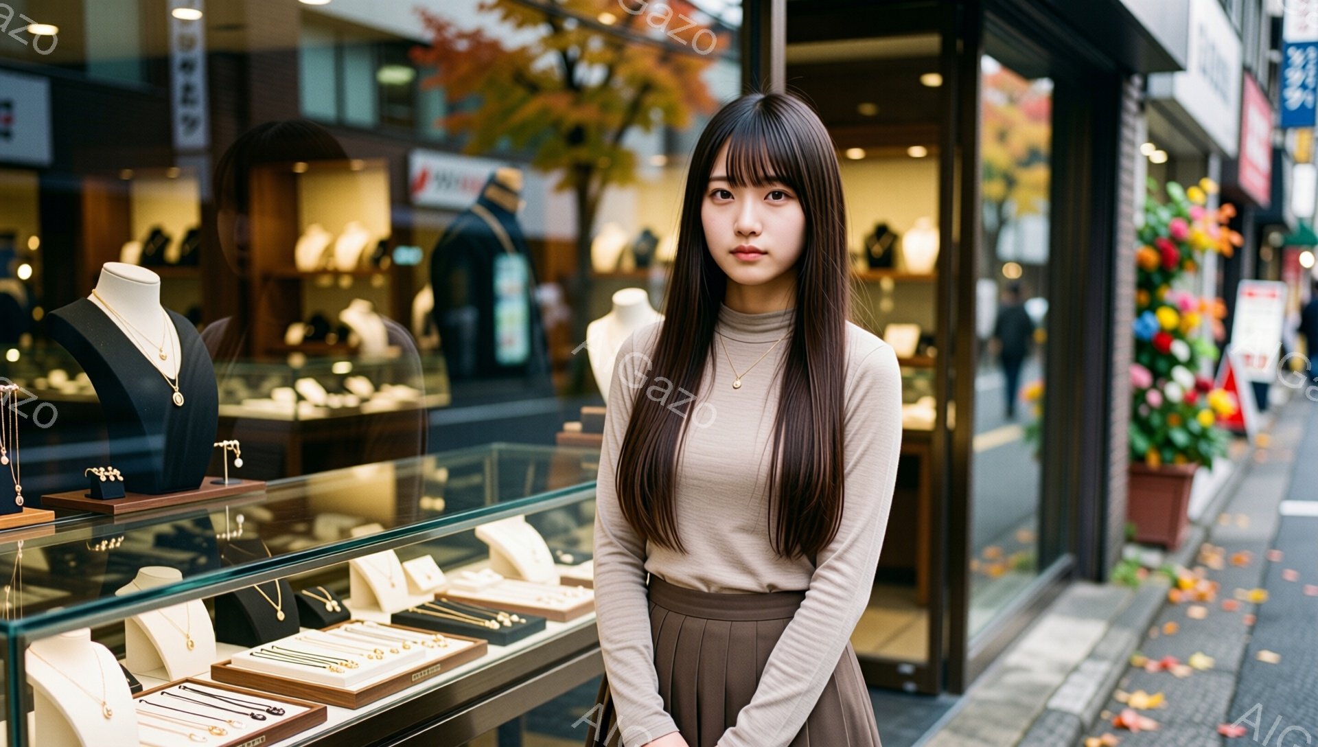 長い茶髪で、前髪は眉毛にかかる程度に切り揃えられた女性が、ベージュの長袖シャツとダークブラウンのフレアスカートを身に着けて立っている。彼女は少し口を閉ざし、落ち着いた表情で正面を見据えている。背景には宝石店のショーウィンドウと、秋の落ち葉が散らばる歩道、そしてぼやけた人影が見え、全体的に上品で落ち着いた雰囲気が漂っている。