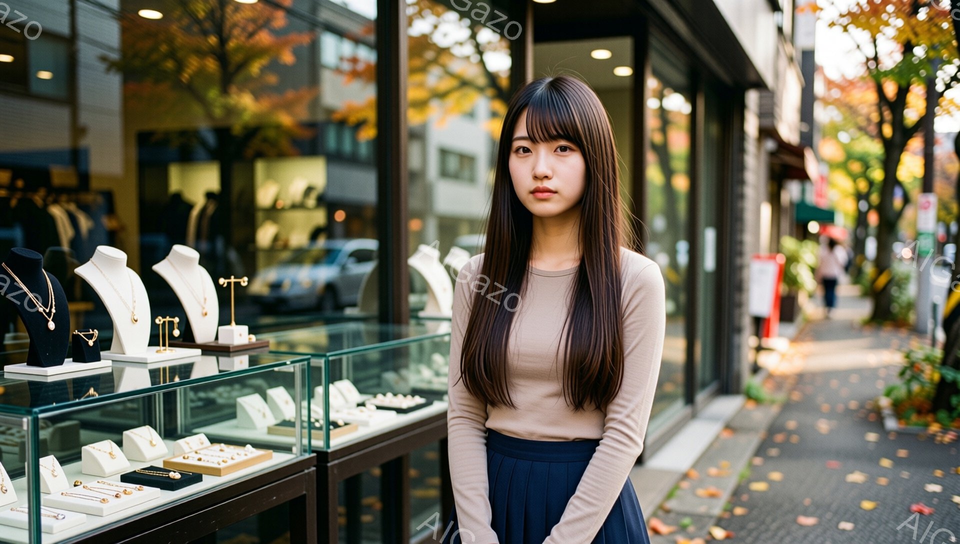 長い茶色の髪をした若い女性が、宝石店のショーウィンドウの前で立っている。ベージュ色の長袖シャツに紺色のスカートを着用し、少し物憂げな表情をしている。背景には建物や木々が見え、地面には落ち葉が散らばっており、秋の穏やかな雰囲気が漂っている。